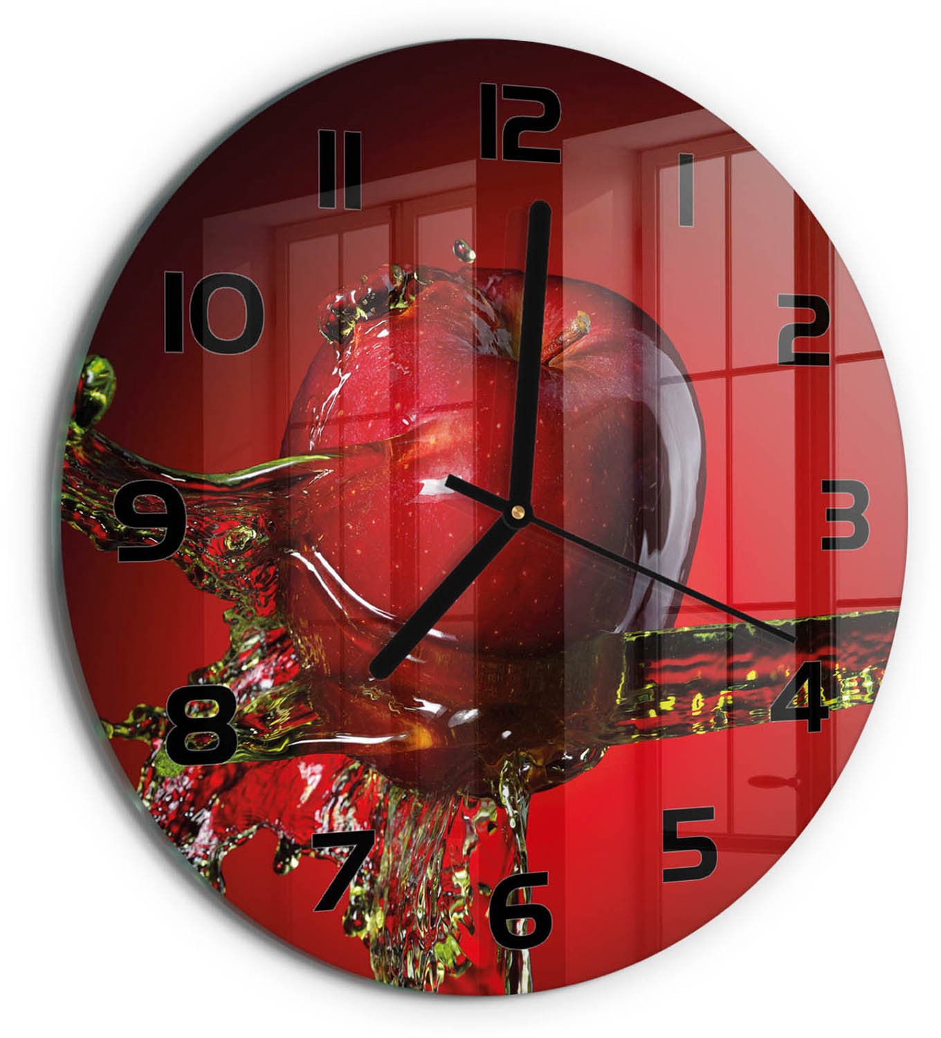 TULUP Wandklok - Appel en water Klok Glas Met Opdruk - fi30 cm - Rood Moderne Wandklok Glas - Zwarte handen - Ronde Klok - Decoratieve Glazen Klok - Glazen Wandklok Design