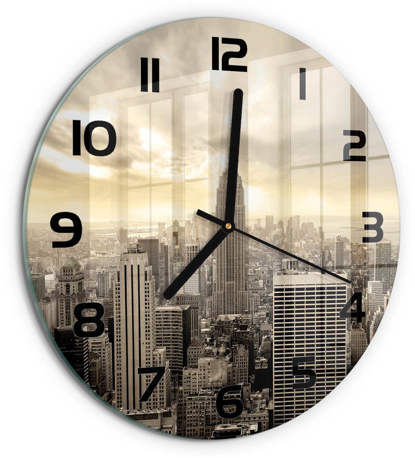 TULUP Wandklok - Manhattan, New York Glazen Wandklok Design - fi30 cm - Beige Klok Glas Met Opdruk - Zwarte handen - Ronde Klok - Wandklok Glas Met Motief - Decoratieve Glazen Klok