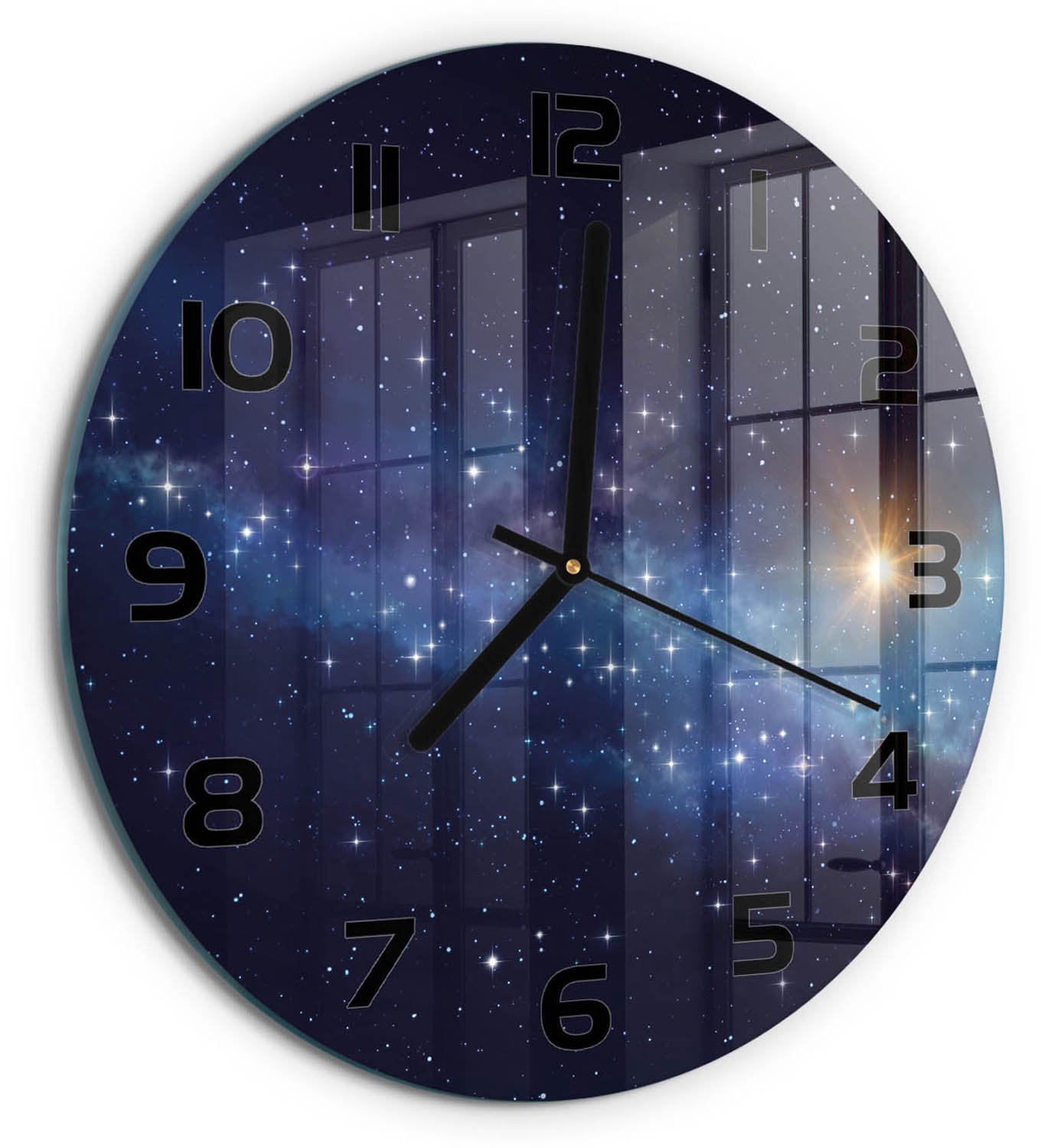 TULUP Wandklok - Melkwegstelsel Gekleurde Glazen Klok - fi30 cm - Blauw Glazen Klok Met Print - Zwarte handen - Ronde Klok - Moderne Wandklok Glas - Wandklok Glas Decoratie