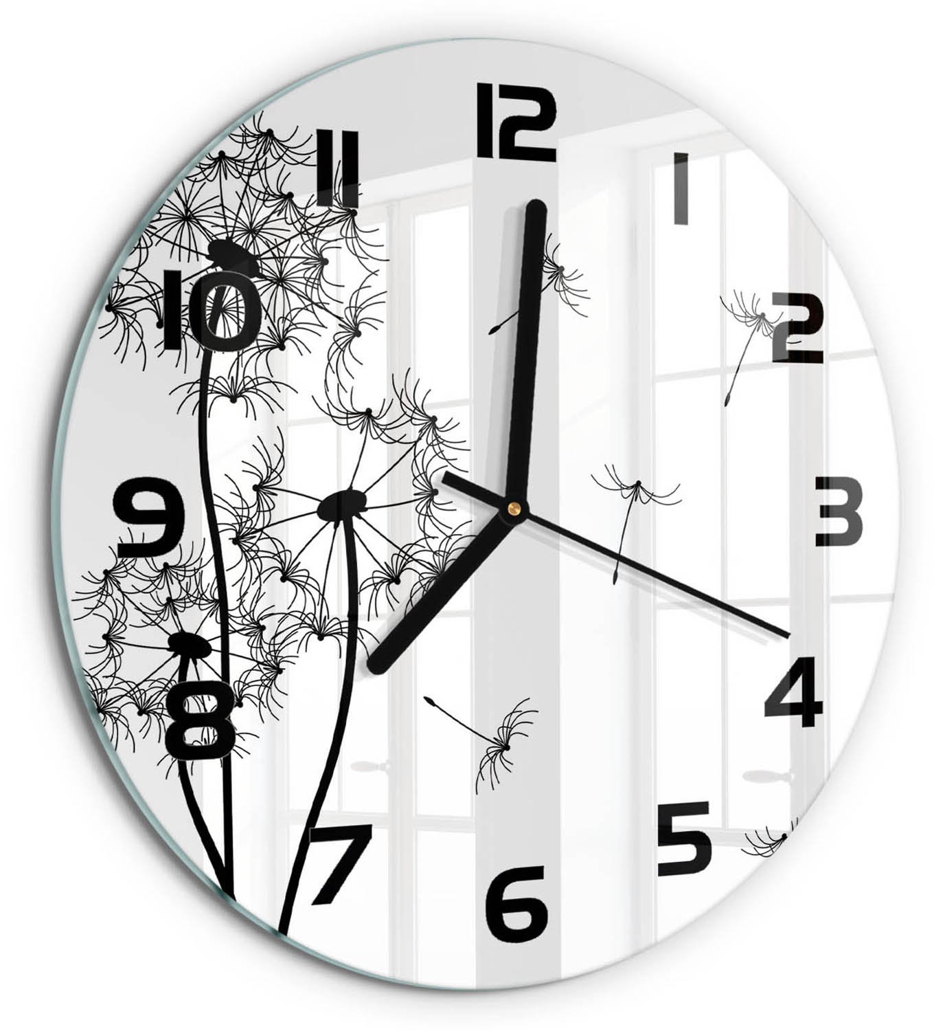 TULUP Wandklok - Paardenbloemtand Gekleurde Glazen Klok - fi30 cm - Zwart-wit Glazen Klok Met Print - Zwarte handen - Ronde Klok - Moderne Wandklok Glas - Wandklok Glas Decoratie