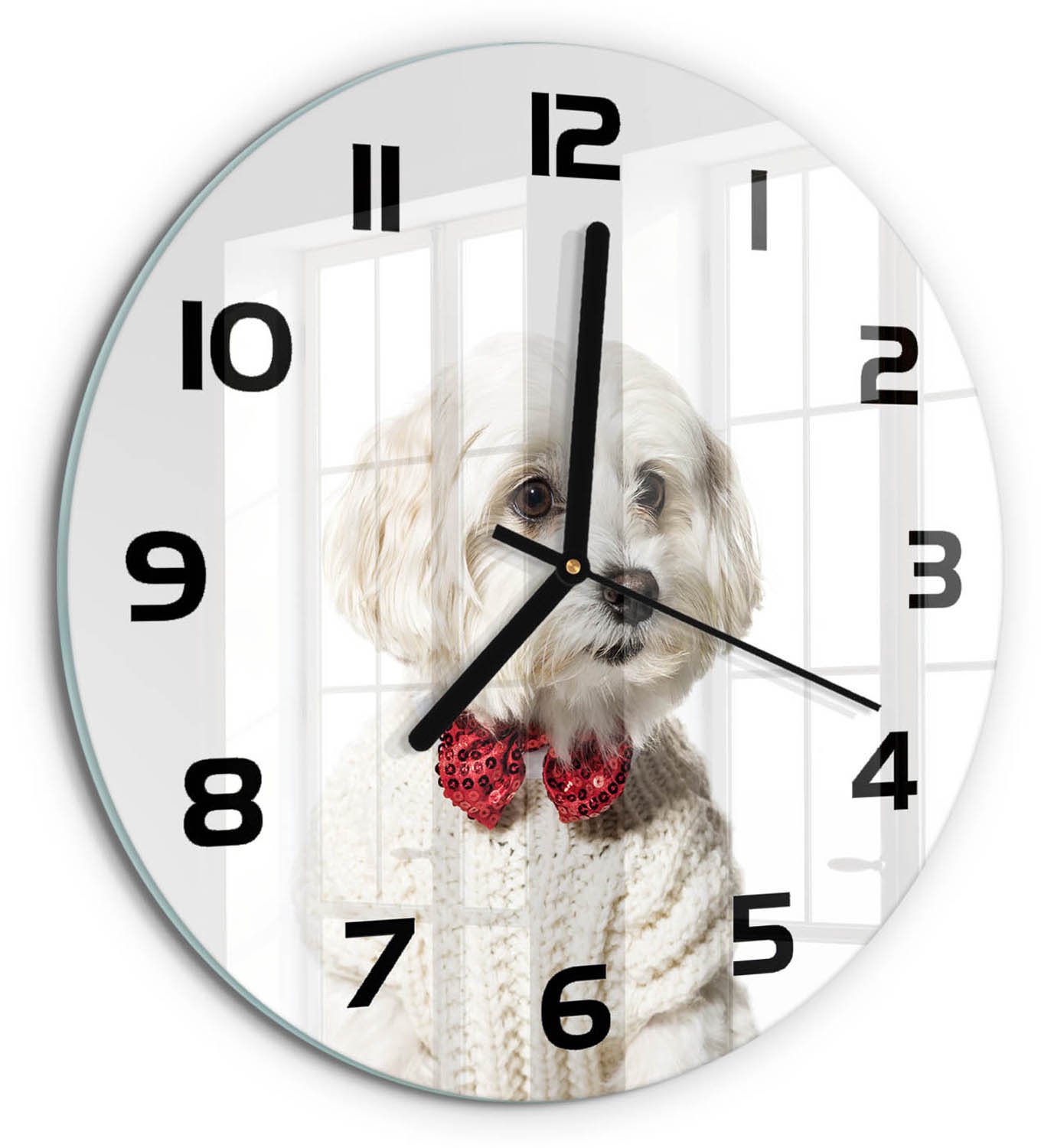 TULUP Wandklok - Maltezer met een vlinderdas Gekleurde Glazen Klok - fi30 cm - Rood Glazen Klok Met Print - Zwarte handen - Ronde Klok - Moderne Wandklok Glas - Wandklok Glas Decoratie