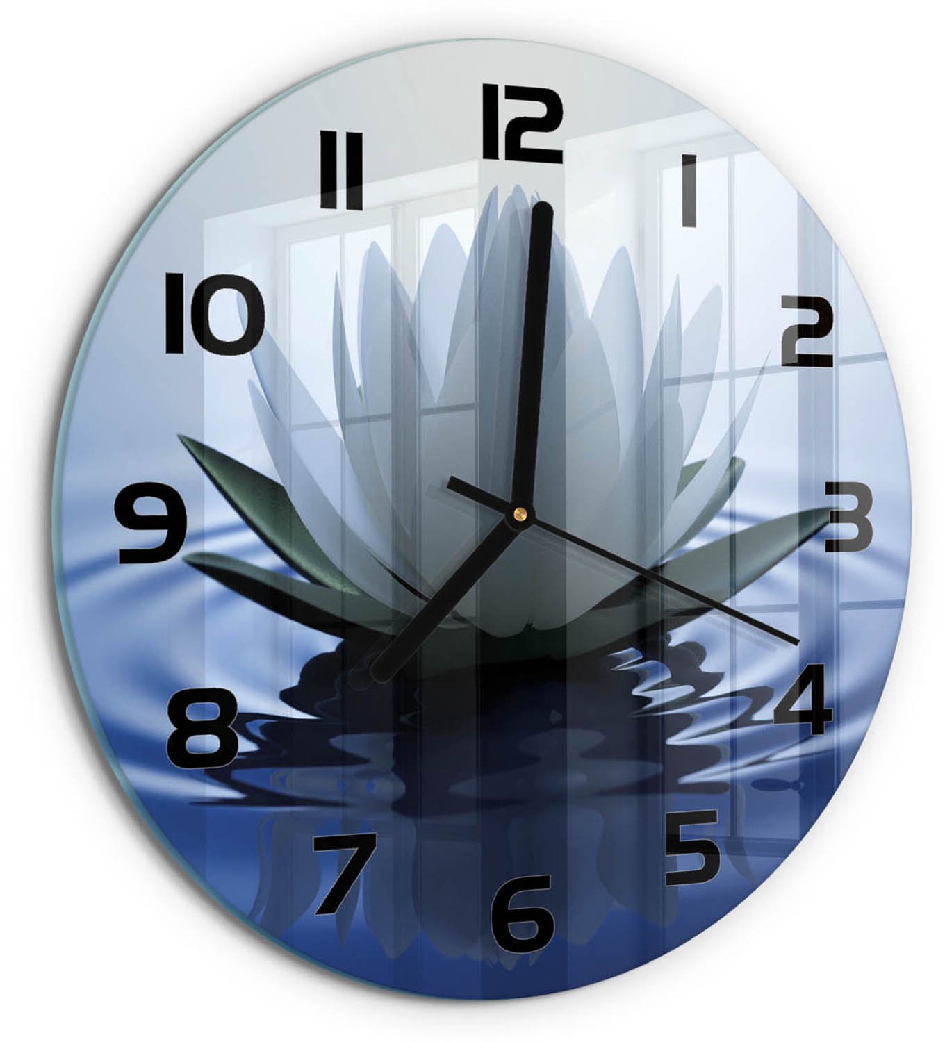 TULUP Wandklok - Waterlelie Moderne Wandklok Glas - fi30 cm - Blauw Wandklok Glas Decoratie - Zwarte handen - Ronde Klok - Glazen Wandklok Design - Klok Glas Met Opdruk