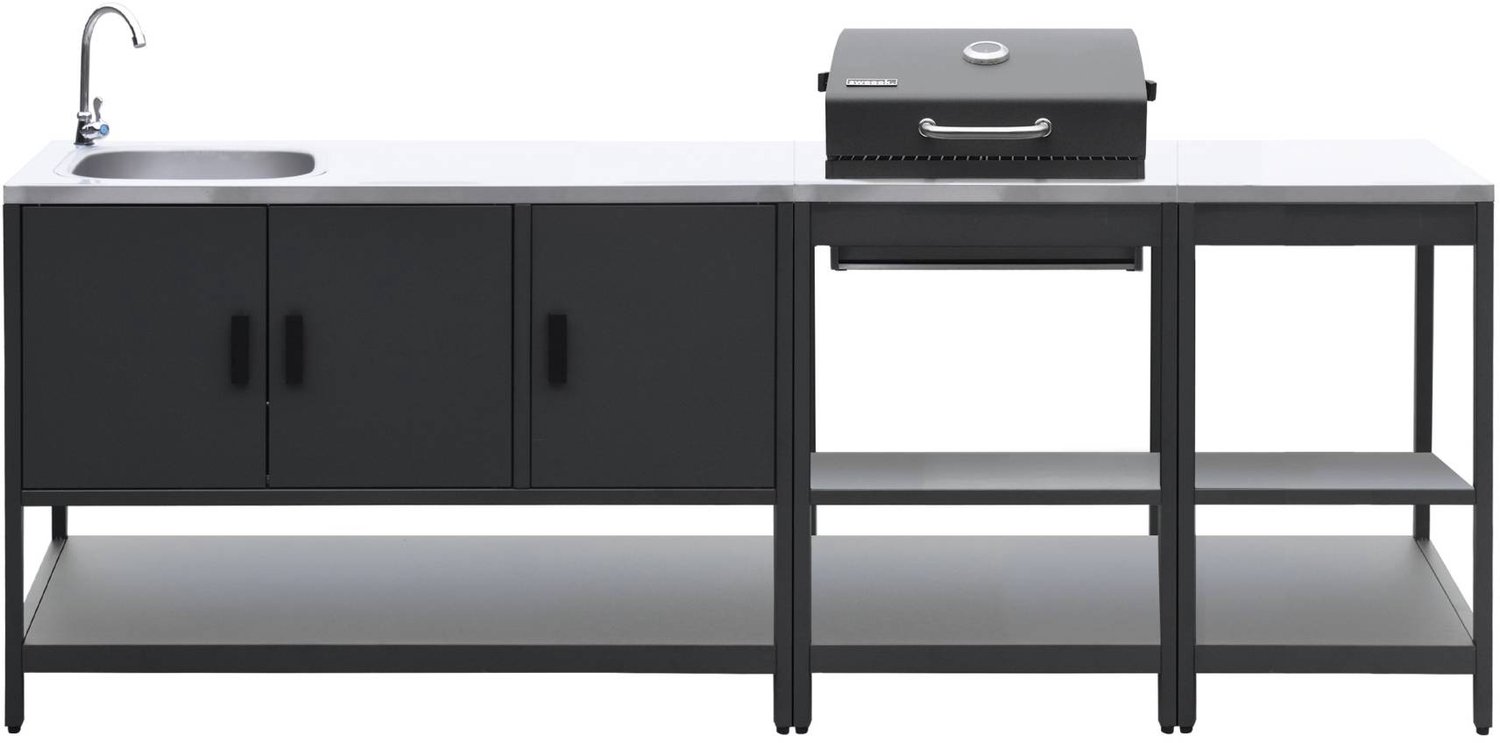 sweeek - 3 buitenkeukenmodules met barbecue op houtskool gootsteen en opbergruimte staal - naxos