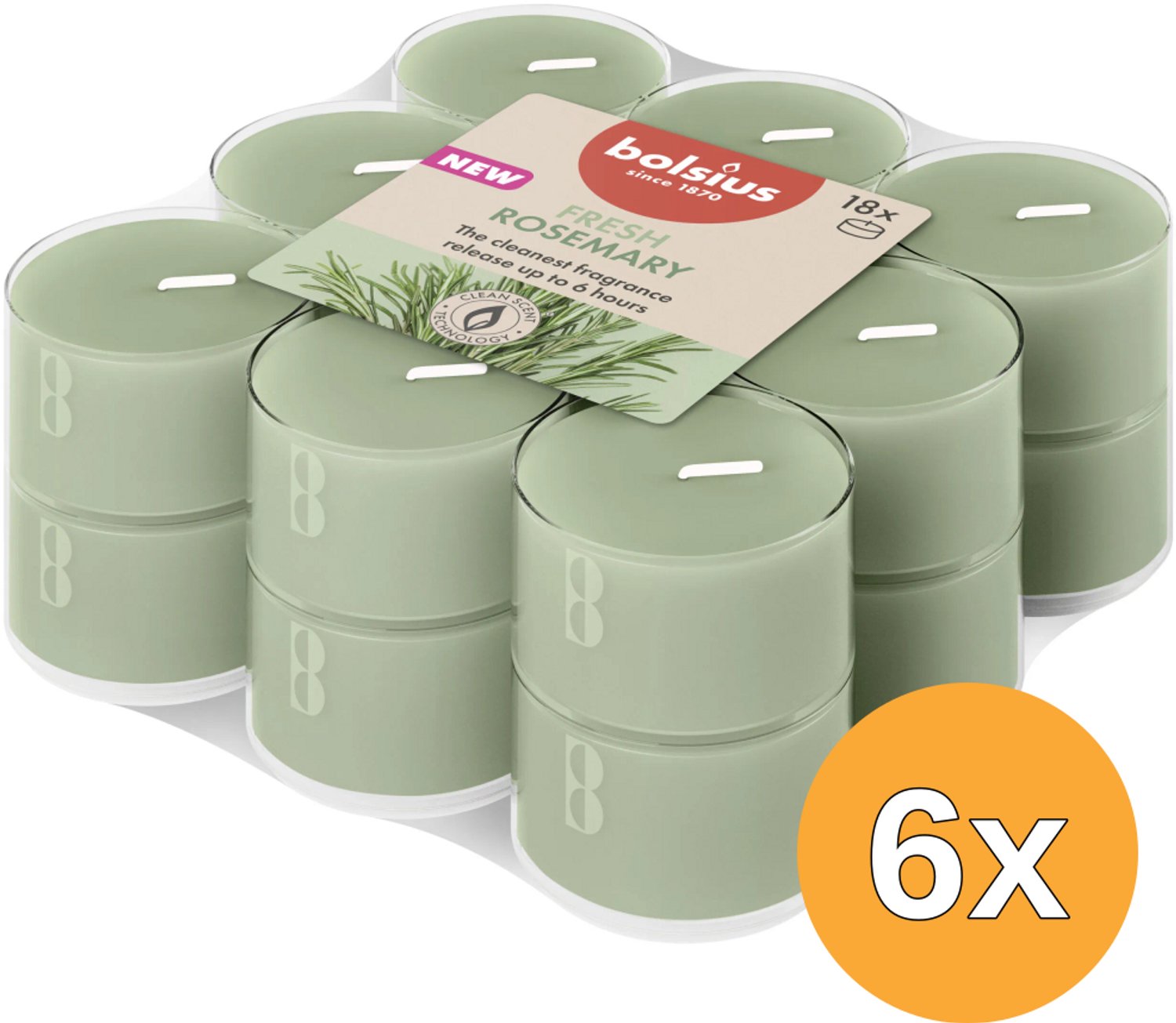 6x Bolsius Geurtheelichten clear cup 6u True Scents Rosemary (18 stuks)