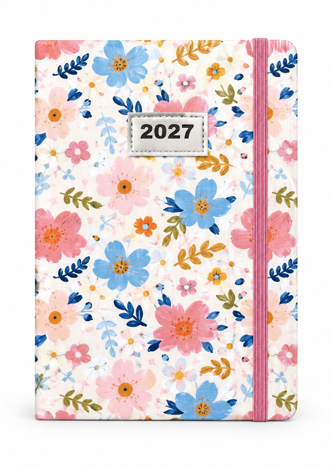 Weekagenda 2027 A5 – 1 week op 2 pagina’s – Harde Kaft en Elastiek Sluiting - Bloemen Wit & Blauw