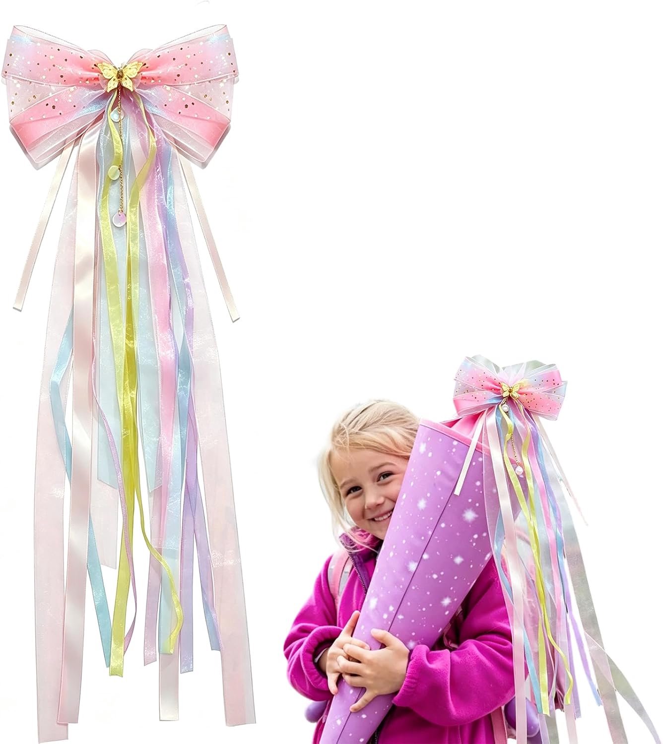 Schoolzakstrik 65 × 20 cm - kleurrijk met 3D-vlinderapplicatie - decoratie voor eerste schooldag - Vemera