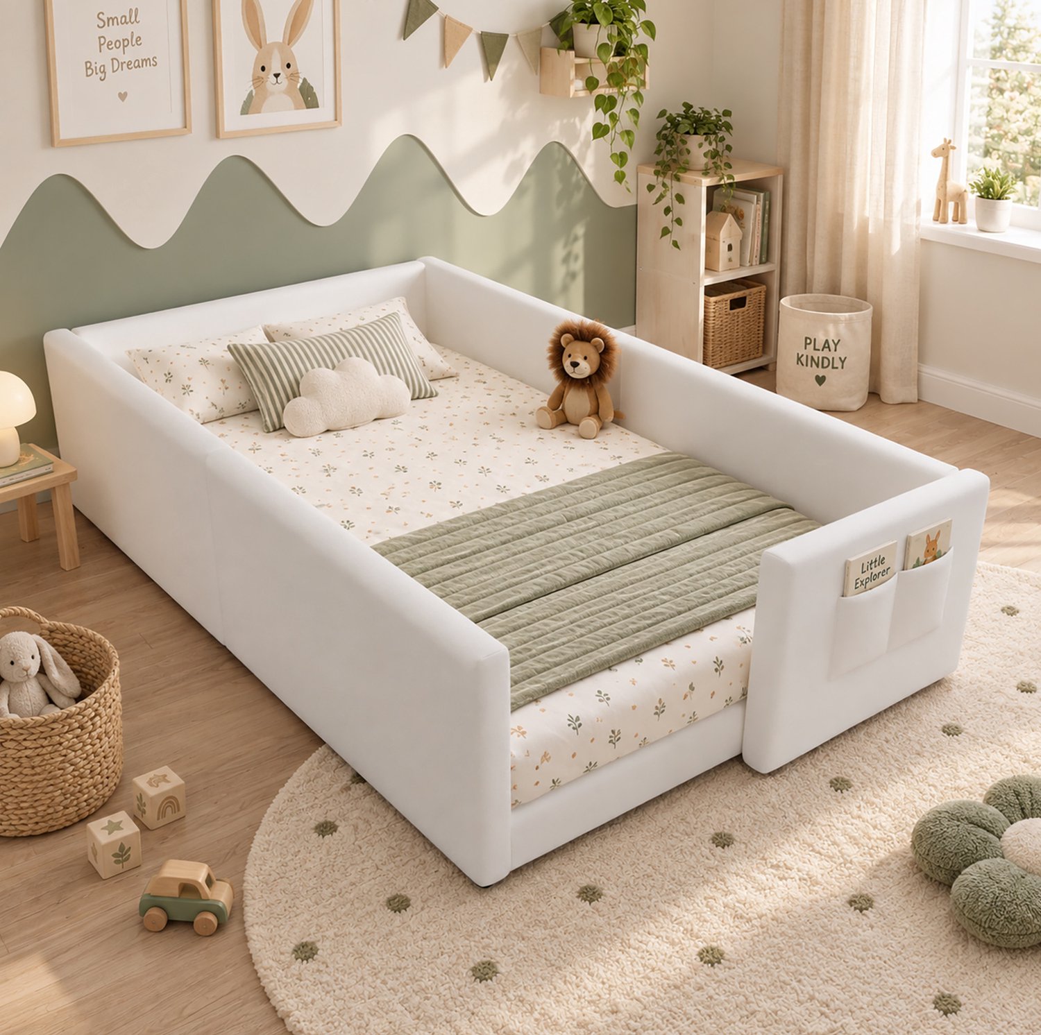 Maisentiel Kinderbed 90 x 200 cm - wit fluweel - lage instap en opbergvak