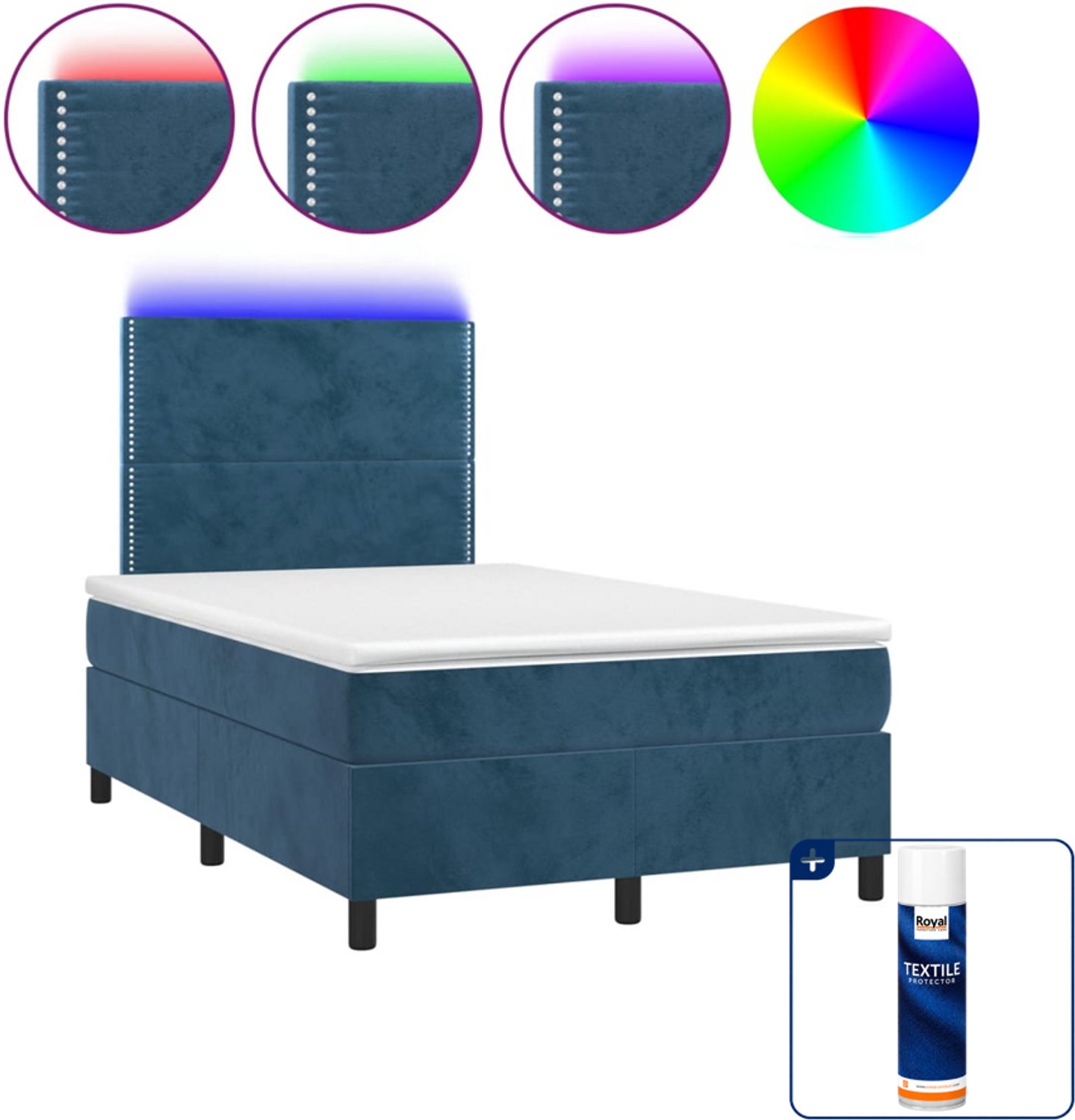 vidaXL Boxspring met matras en LED - 120 x 190 cm - fluweel - donkerblauw - Inclusief textielbeschermer 500 ml