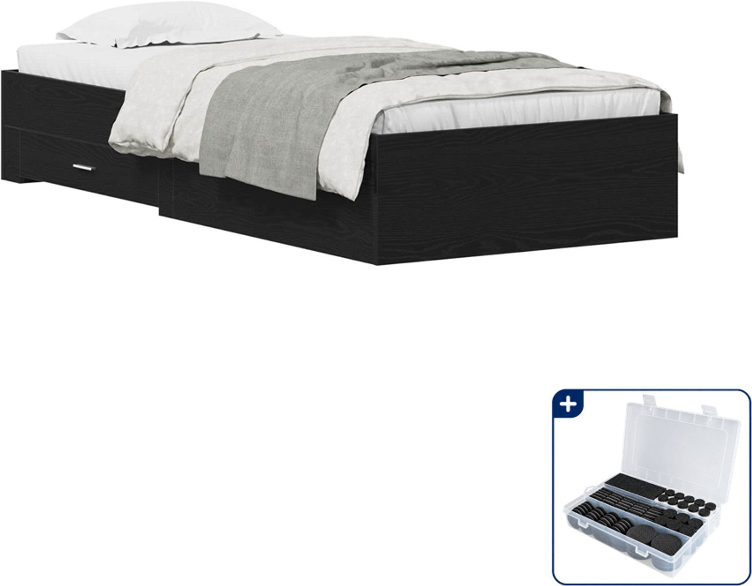 vidaXL bedframe met lade - 90 x 200 cm - bewerkt hout - zwart eiken - Inclusief antikrasvilt 177-delig Lichtgrijs