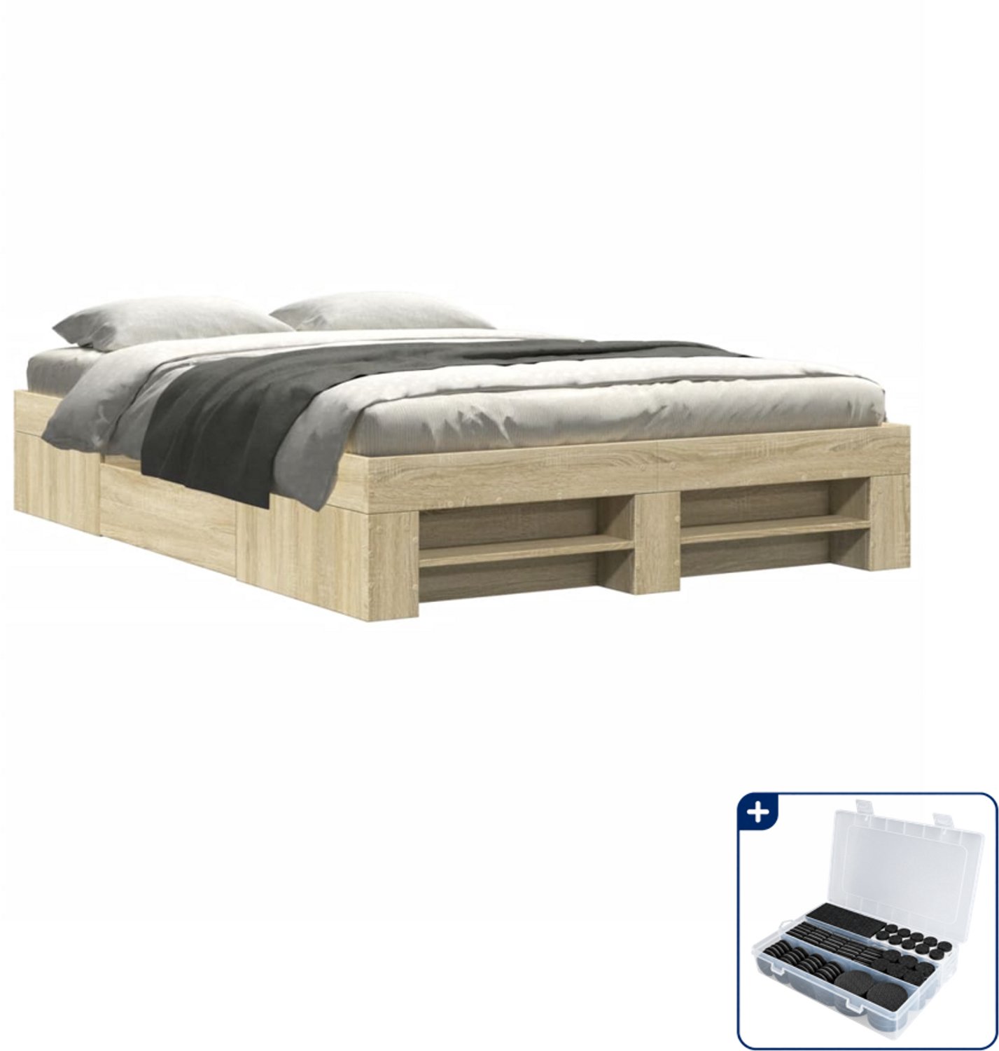 vidaXL bedframe - Small double - 140 x 200 cm - sonoma eiken - Inclusief antikrasvilt 177-delig Bruin