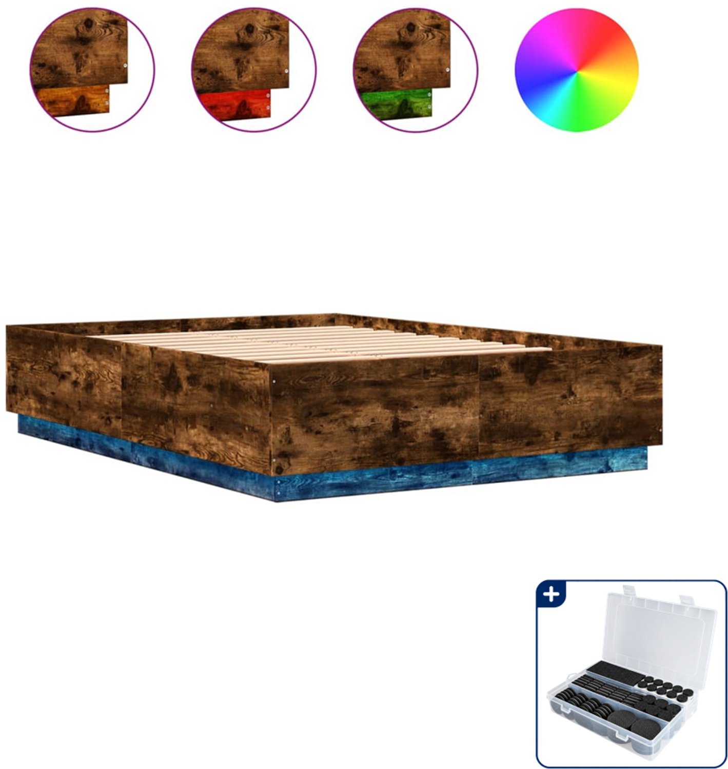vidaXL bedframe met led 120 x 200 cm - bewerkt hout - gerookt eiken - Inclusief antikrasvilt 177-delig Taupe