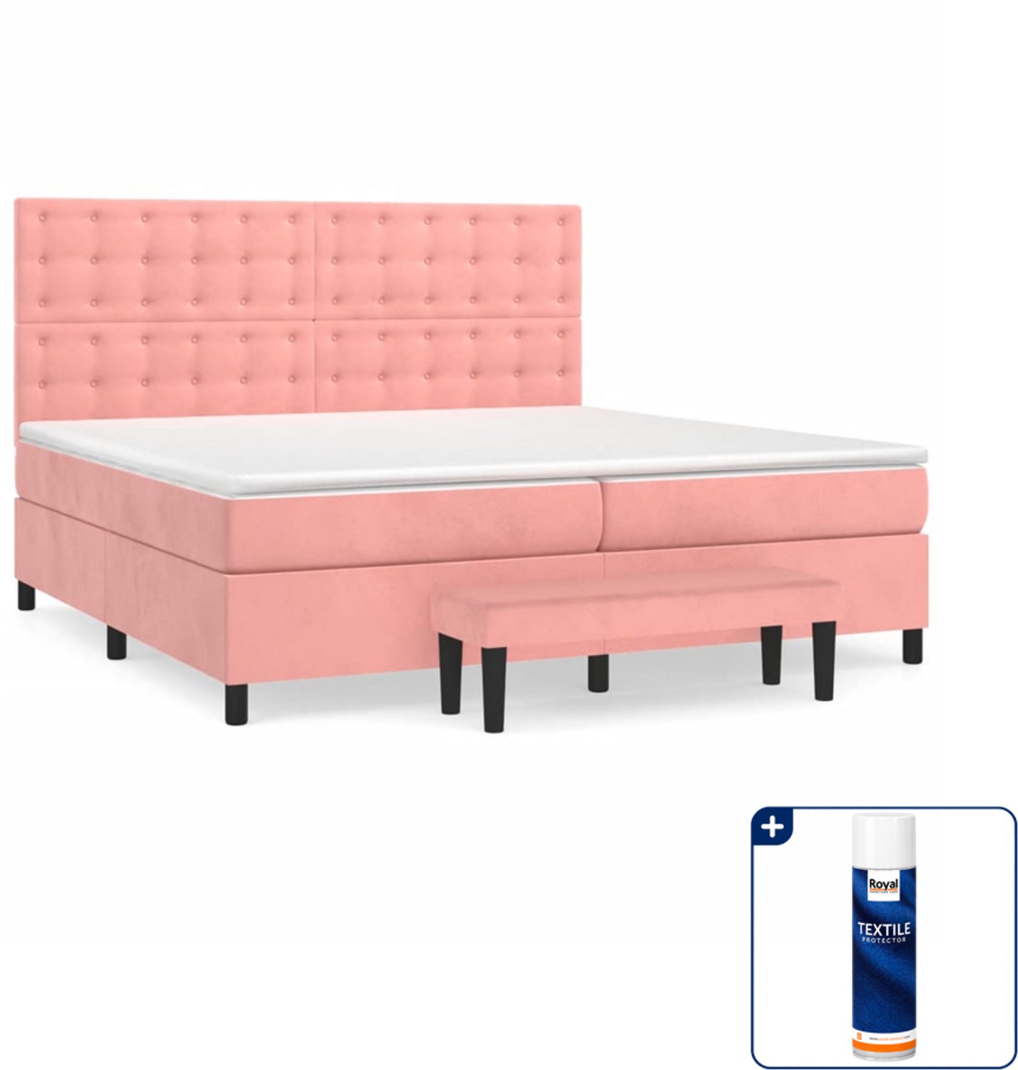 vidaXL Boxspring met matras en bankje - Super kingsize - 200x200 cm - Inclusief textielbeschermer 500 ml Roze