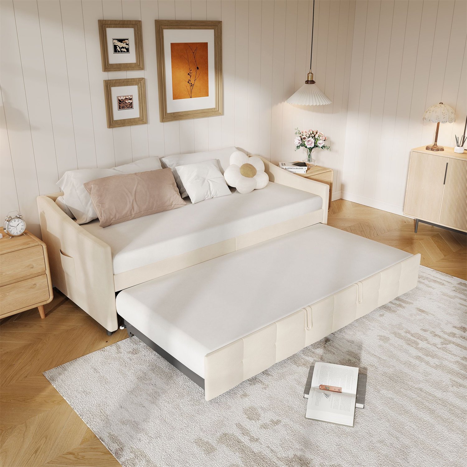 Mofor Bedbank 90x200 cm met uitschuifbed en zijvakken - fluwelen bekleding - beige