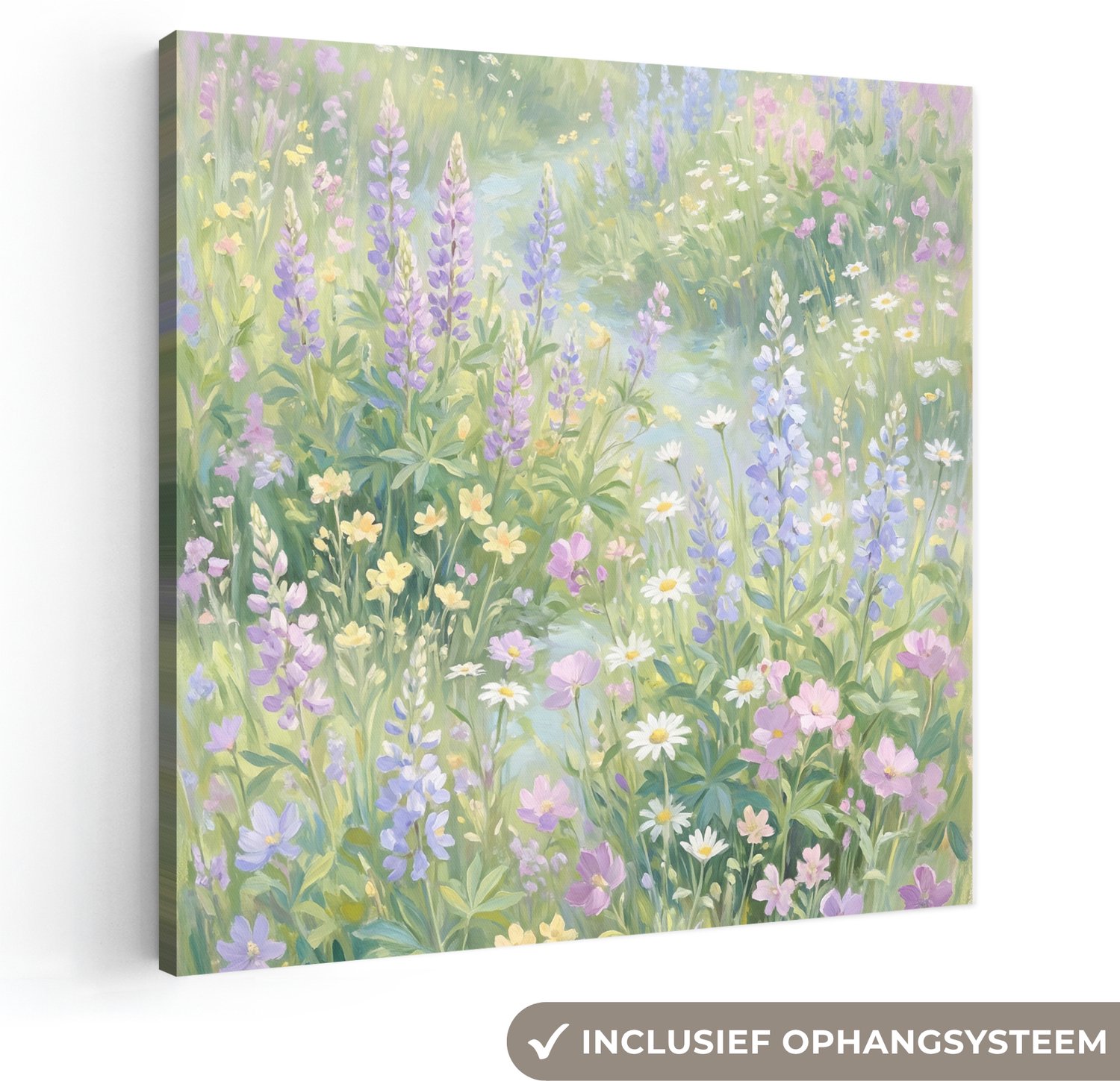 Canvas schilderij 50x50 cm - Exclusieve wanddecoratie Bloemenveld - Heuvels - Kleurrijk - Muurdecoratie woonkamer - Slaapkamer decoratie - Kamer accessoires - Schilderijen op canvas