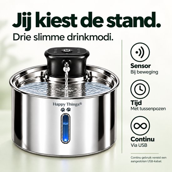 Happy Things drinkfontein met drie standen: sensor, tijdmodus en continu via USB.