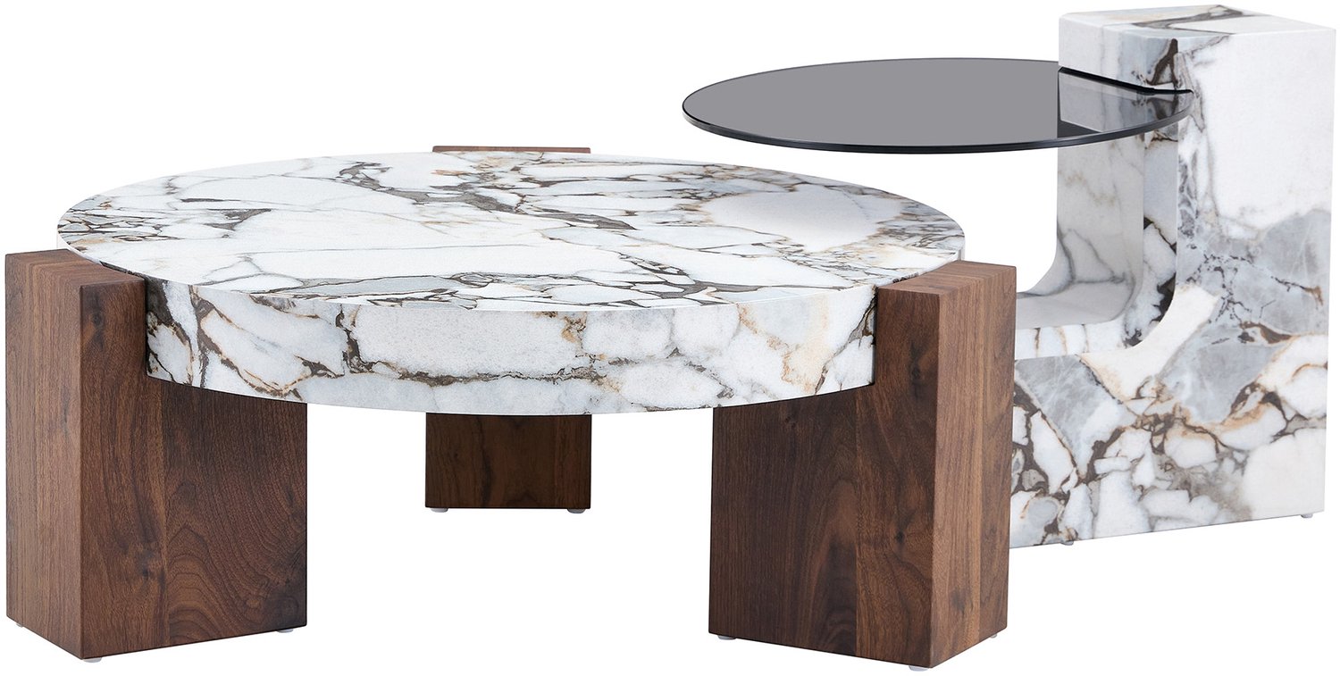 MUVANO Ronde salontafelset - Bijzettafel - Samen of apart te plaatsen - MDF met witte marmerlook en grijs glas - Ø 61 cm - Voor woonkamer wit en houtkleur