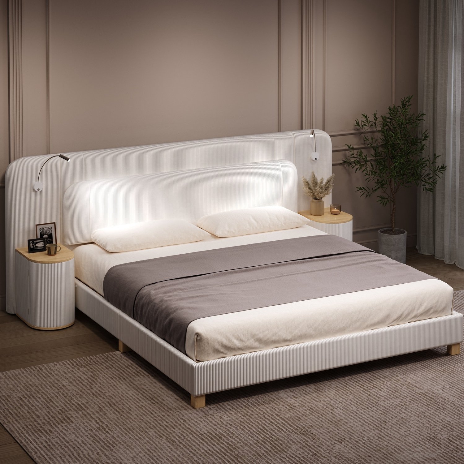 MIVRAY Gestoffeerd Bed 140x200 cm - Twee Nachtkastjes en Ledlampen - Matras Niet Gespecificeerd - Zacht Hoofdbord voor Lezen - Cord en MDF - Beige Wit