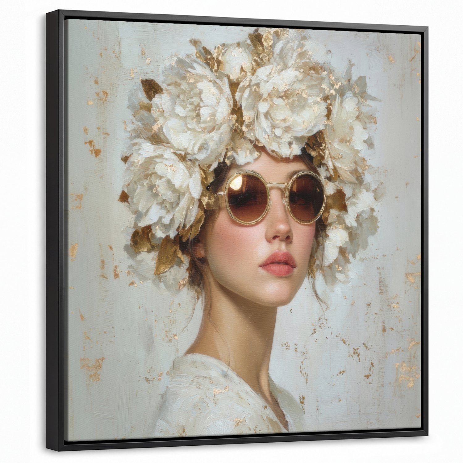 Canvas Schilderij met Baklijst 50x50cm - Schilderij - Vrouw - Zonnebril - Bloemenkrans - Muurdecoratie woonkamer - Slaapkamer decoratie - Kamer accessoires - Schilderijen op canvas met lijst