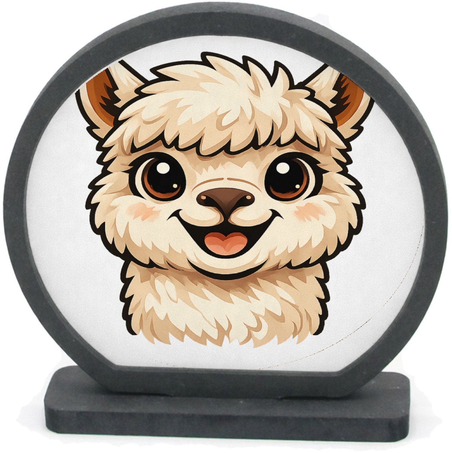 Mr Cadeautjes Houten fotolijst rond met MDF inleg - design Een vrolijke alpaca met grote, nieuwsgierige ogen en een bre | cadeau Wit