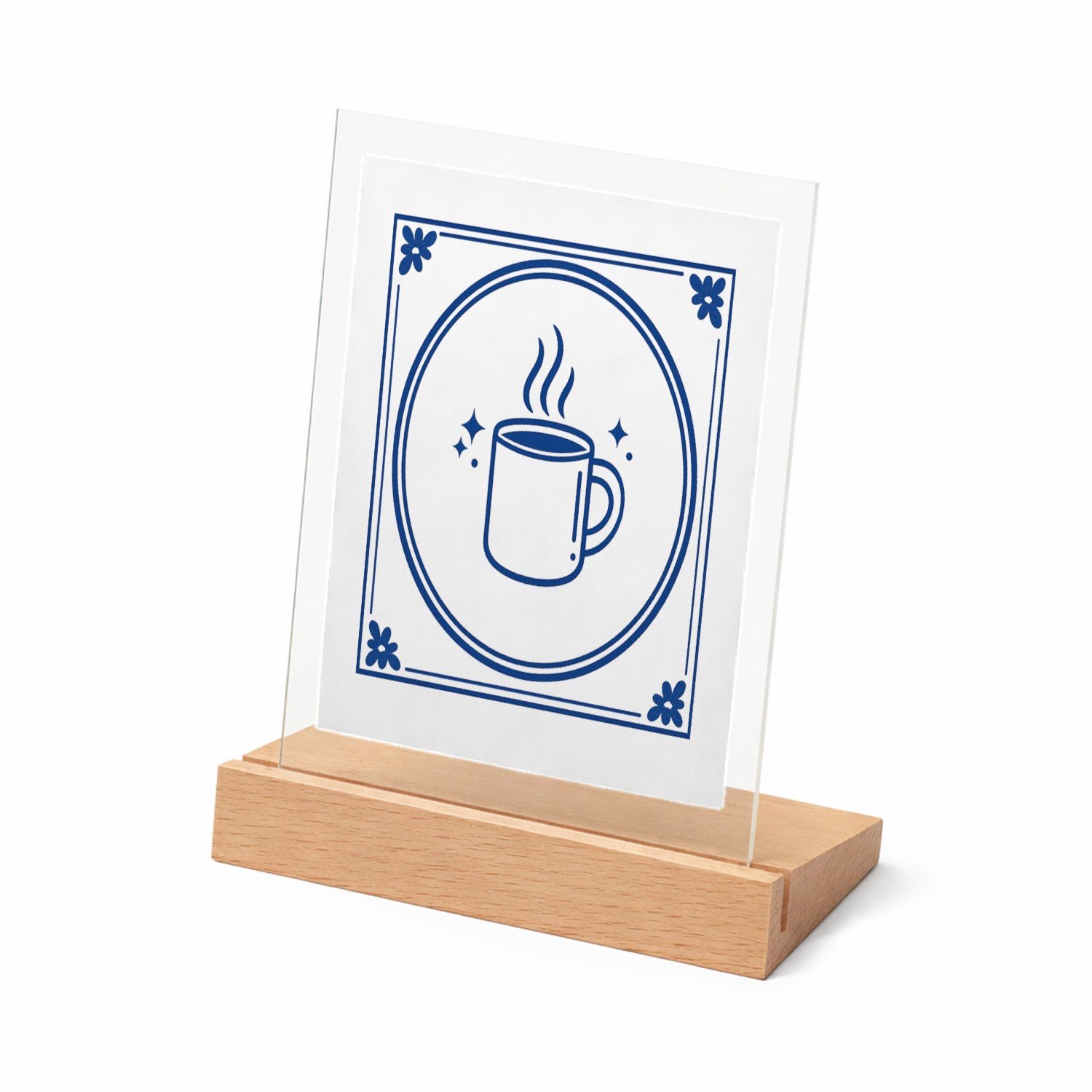 Mr Cadeautjes Glasframe met vaste tekst - design Klassieke tegel met luchtige ochtendhumor rond koffie en cha | cadeau Wit