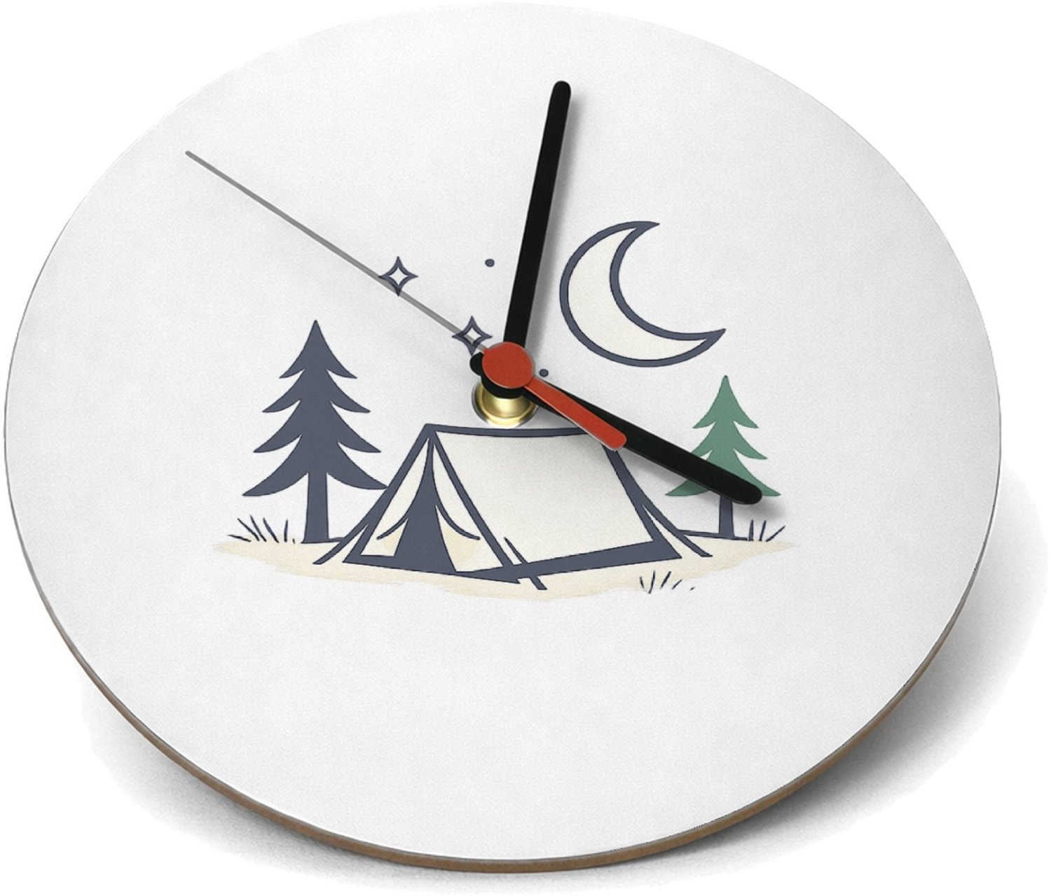 Mr Cadeautjes Klok rond Ø 19 - design Minimalistische campingnacht met een kalme, speelse typograf | cadeau Wit