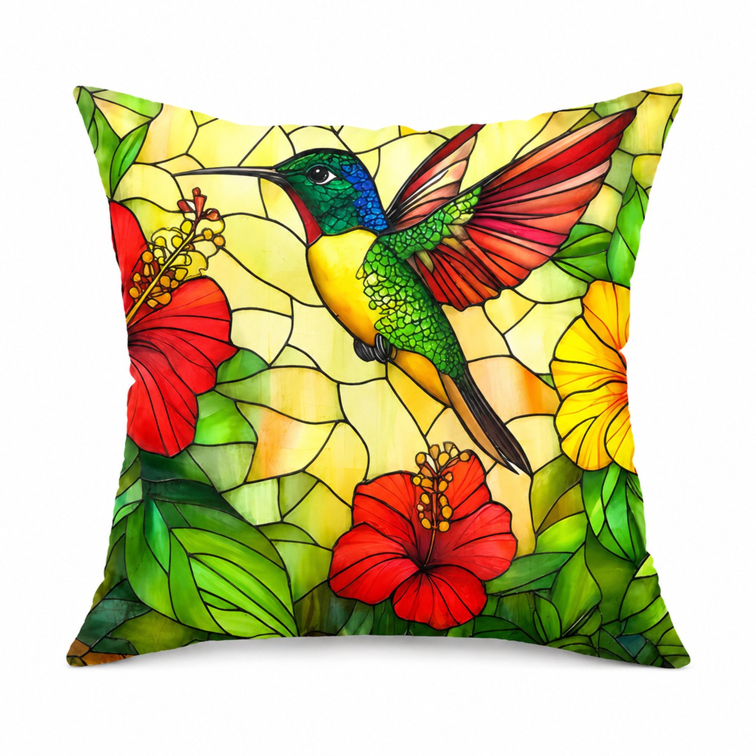 SWGOTA Vierkante kussenhoes 45 × 45 cm met kolibrie en bloemenprint linnen uitvoering groen geel rood zwart