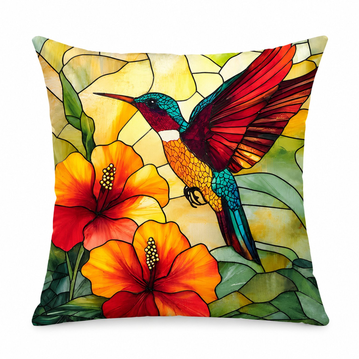 SWGOTA Linnen kussenhoes 45 x 45 cm met kolibrie- en bloemenprint - Vierkante sierkussenhoes voor bank en slaapkamer Geel
