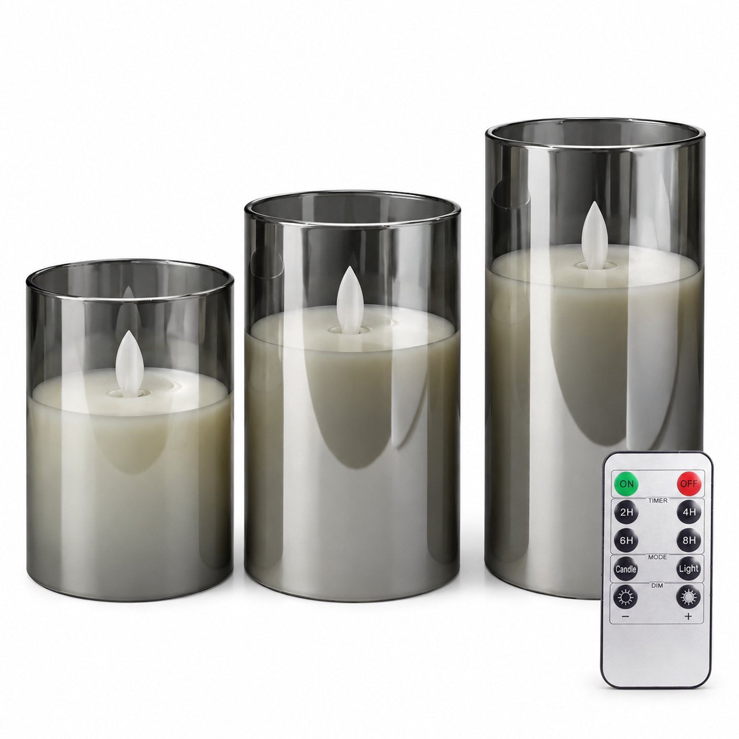 SWGOTA led kaarsen, set van 3, grijs, bewegende vlam en warm licht, met afstandsbediening, Ø 7,8 cm, hoogtes 10/12,5/15 cm, zonder batterijen