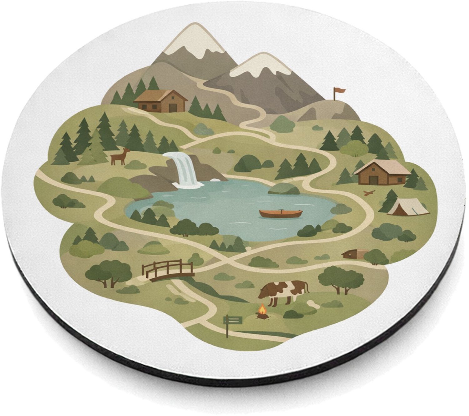 Mr Cadeautjes MDF magnetische fotolijst rond Ø 9,5 - design Een gestileerde bergregio met wandelroutes, hutten en kleine | cadeau Wit