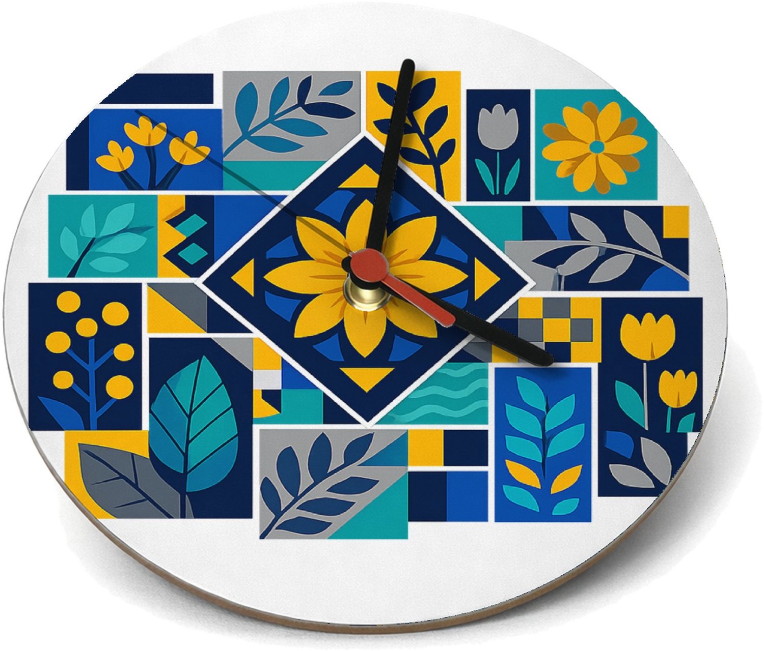 Mr Cadeautjes Klok rond Ø 19 - design Een levendig mozaïek van botanische blokken met bladeren, bl | cadeau Wit