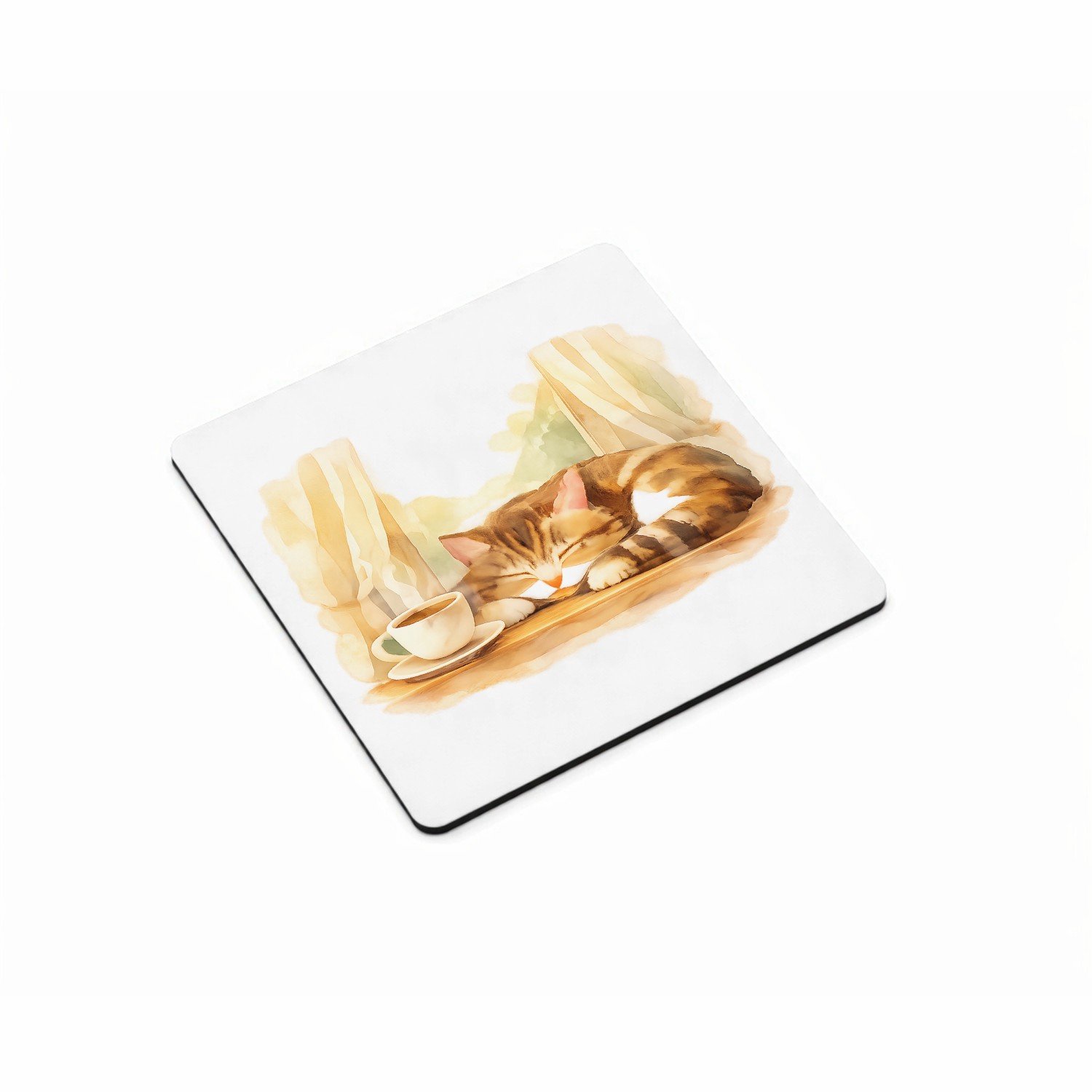 Mr Cadeautjes MDF magnetische fotolijst vierkant 9,5 - design Een slapende kat op een vensterbank met een kopje thee en za | cadeau Wit