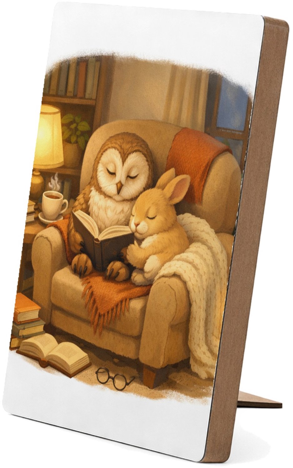 Mr Cadeautjes Glasframe/MDF 12,7 x 17,8 - design Een stille leeshoek met een uil en een konijn op een comfort | cadeau Wit