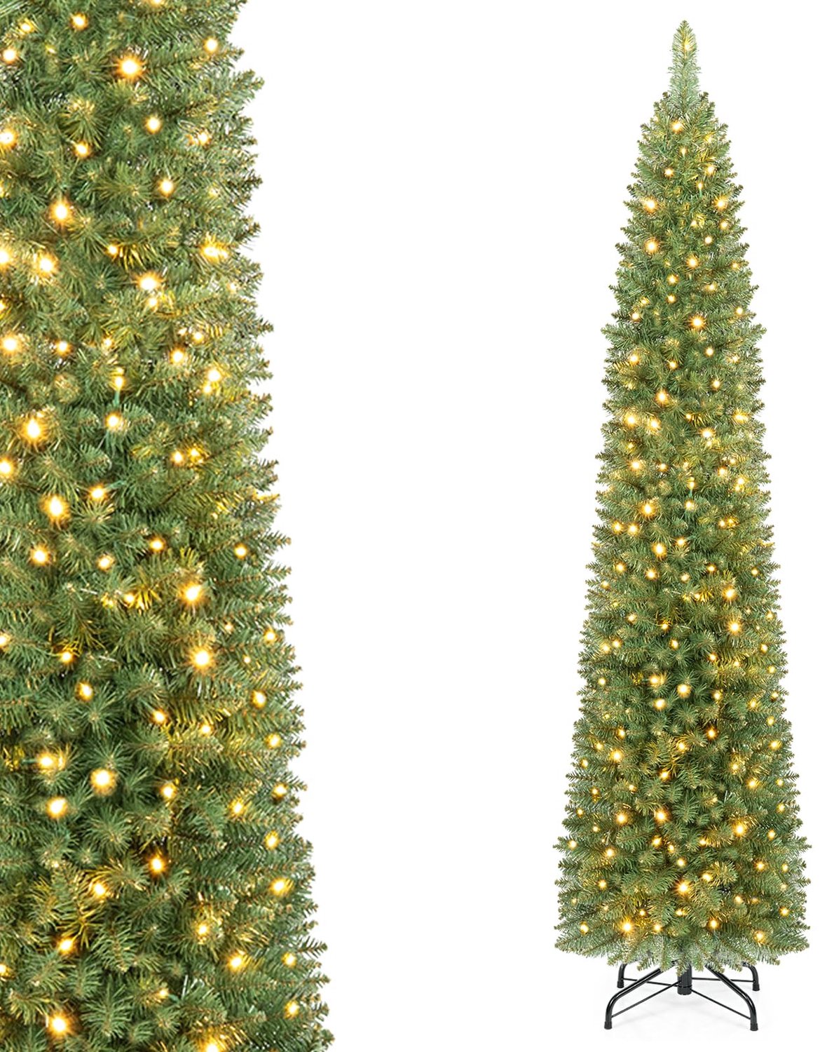 COSTWAY 180 cm Kunstkerstboom smal met verlichting - 445 takken - 180 warmwitte LED-lampjes - Metalen Standaard - Snelle Montage – foto 2