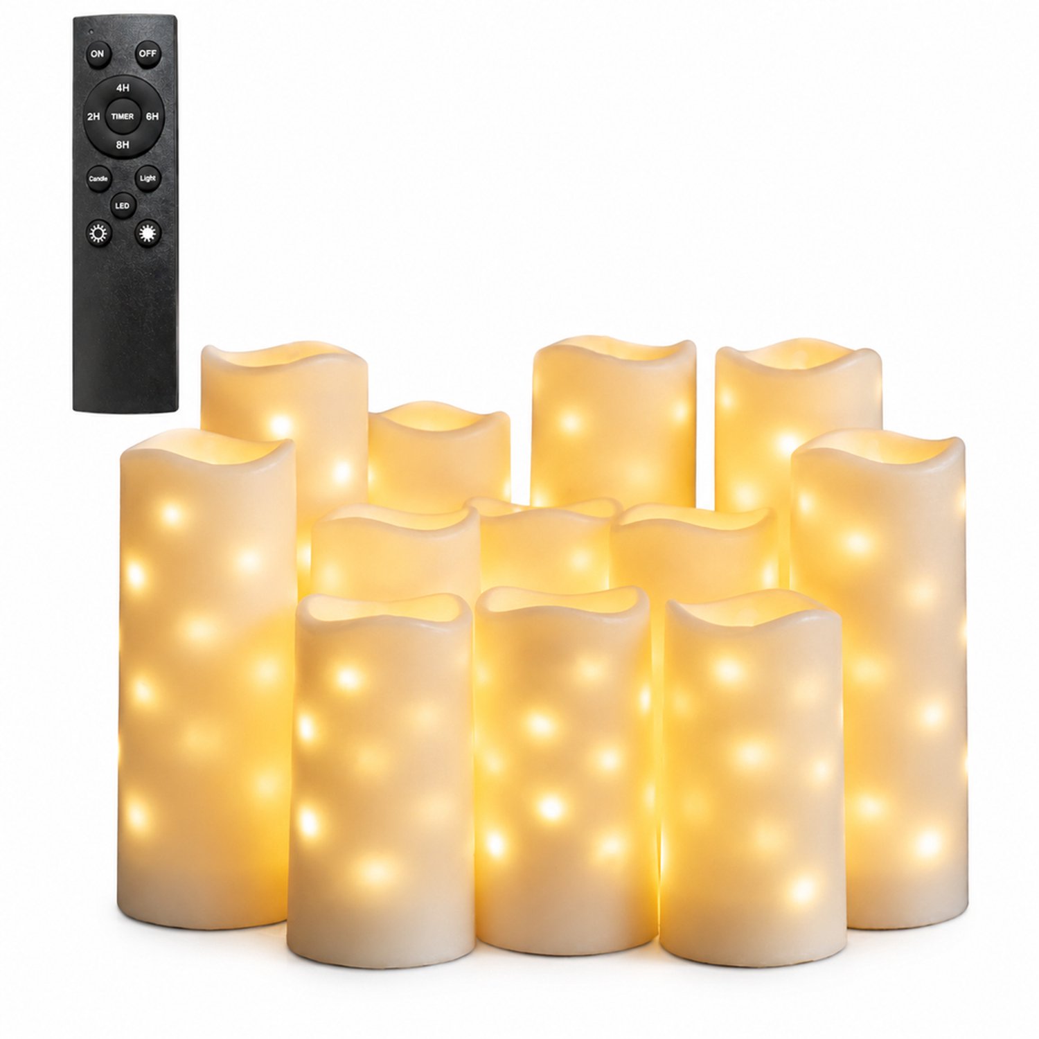 SWGOTA led kaarsen, 12 stuks per doos, beige met interne lichtslinger en golvende bovenrand, inclusief grote afstandsbediening