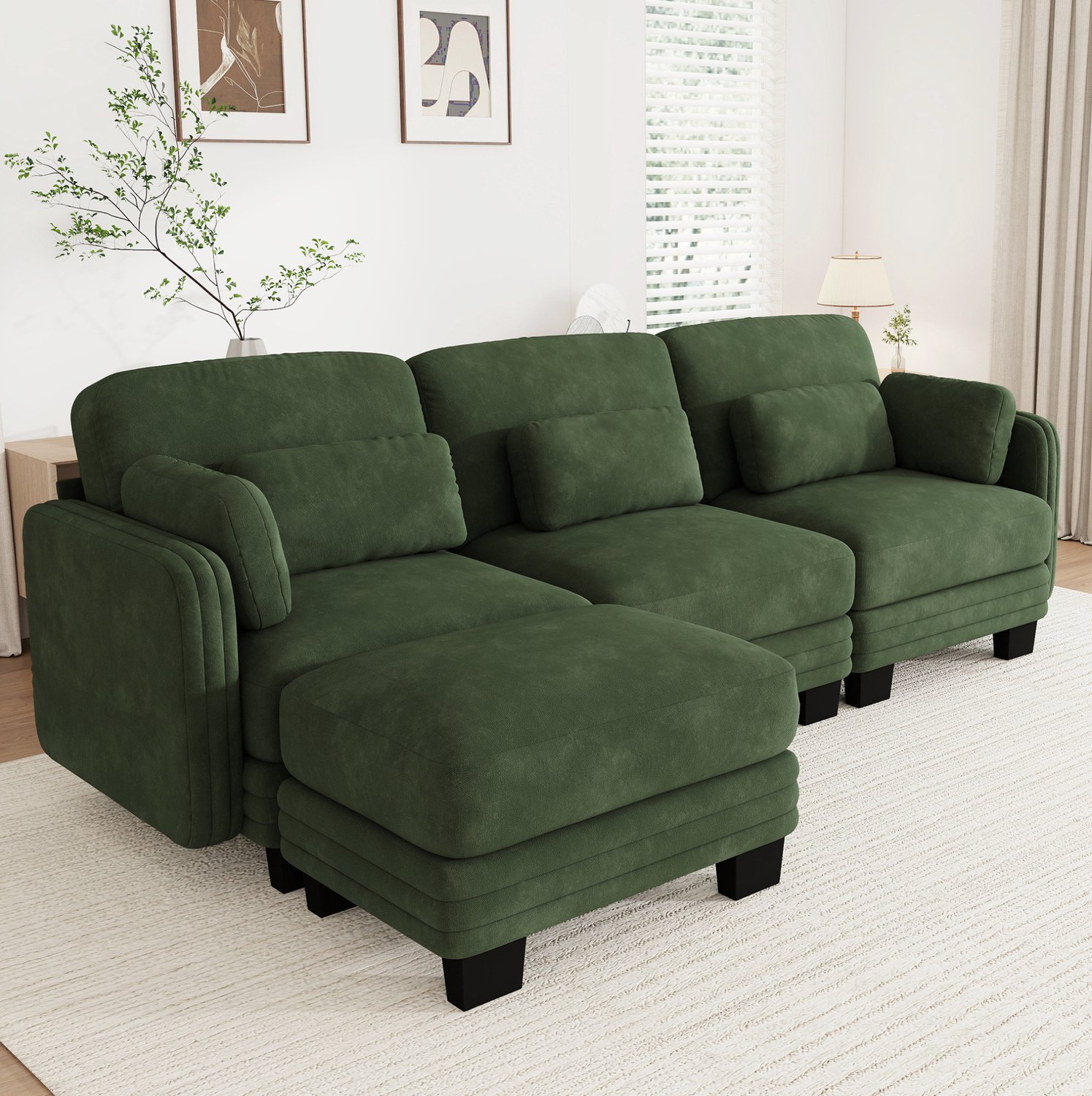 STILVORA Hoekbank 253 cm - Modulaire 3-Zits Met Hocker En Verplaatsbare Kussens - Voor Woonkamer En Appartement - Chenille - Groen