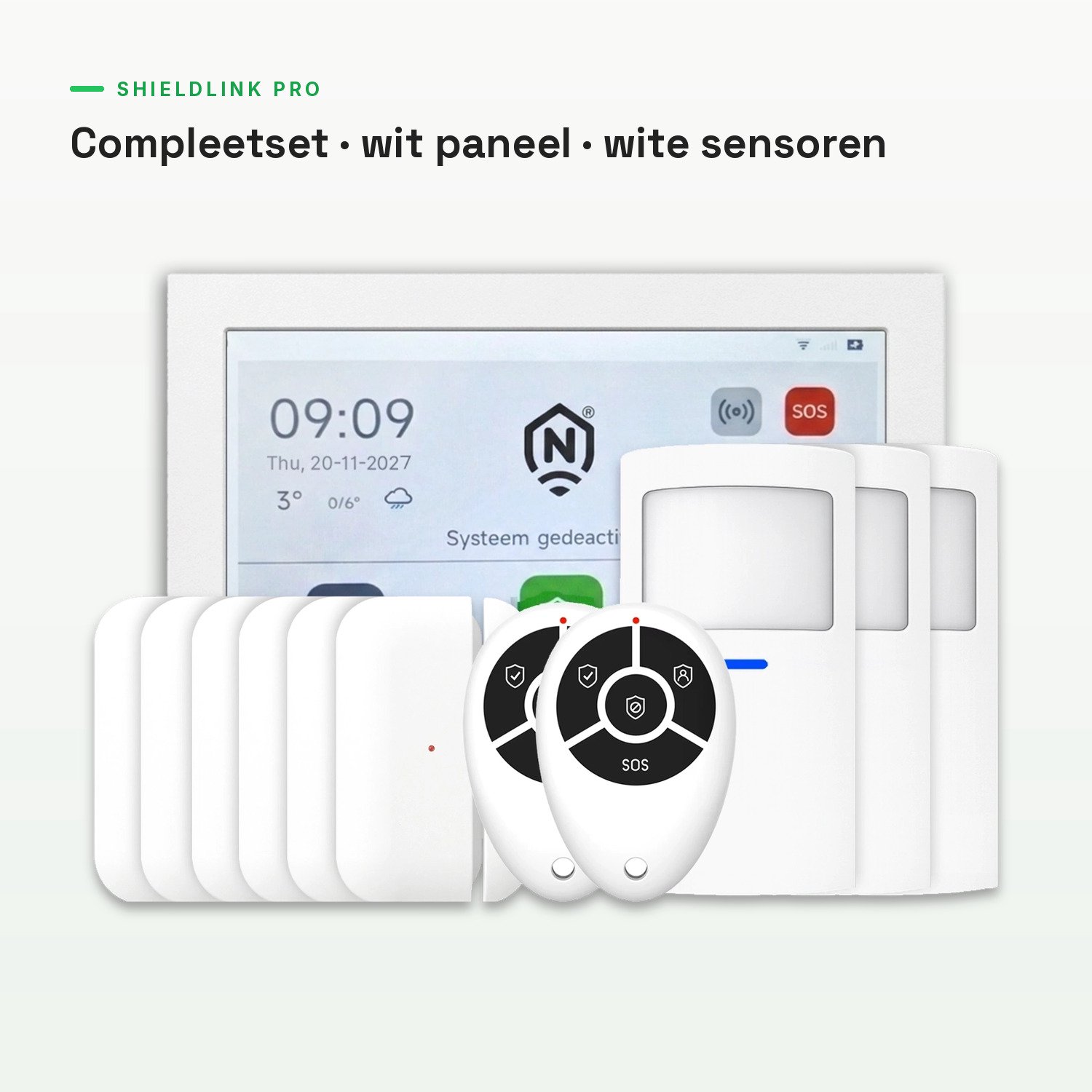 ShieldLink® Pro Alarmsysteem – Compleetset – Draadloos & Uitbreidbaar – Met App – Zonder Abonnement – Wit Paneel – Witte Accessoires