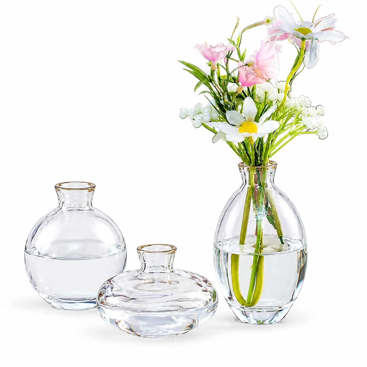 SWGOTA Set van 3 transparante glazen vaasjes met goudkleurige rand - Drie vormen voor kunstbloemen - Verpakt in kartonnen doos
