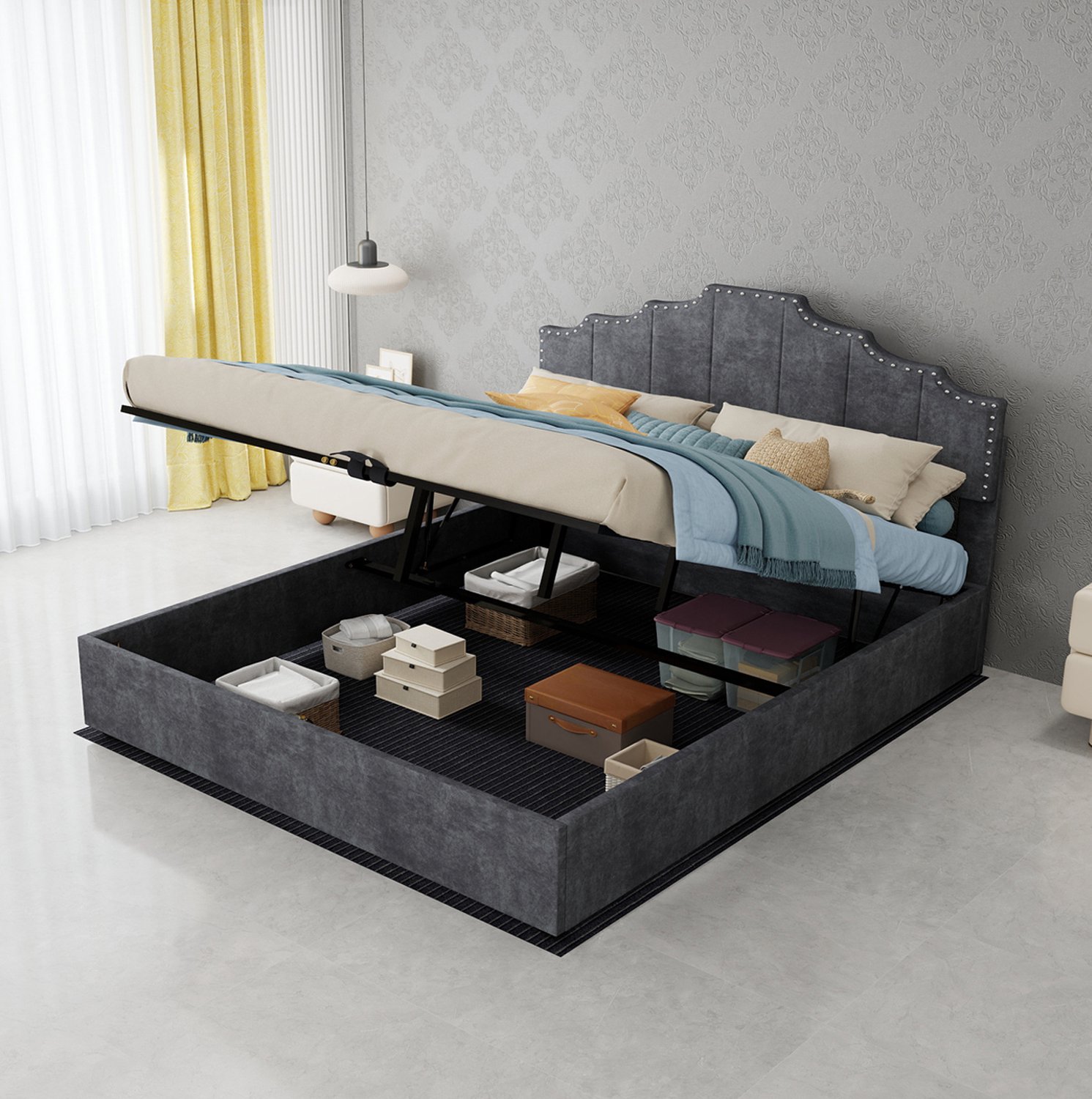 MODFU Tweepersoonsbed - Opbergruimte - Gestoffeerd Hoofdbord - Grijs - 160 X 200 Cm