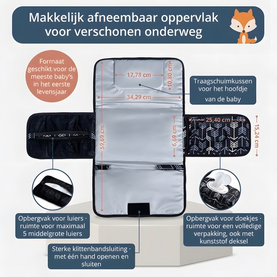 Verschoonmatje voor onderweg - opvouwbaar& Waterbestendig - eenhands te openen - 59,69 x 34,29 cm - Compact Reisverschoonmatje - Onderweg verschonen - hoofdkussen en opbergvakken - Oxfordstof - zwart-wit pijlenpatroon- Perfect Kraamcadeau — afbeelding 2
