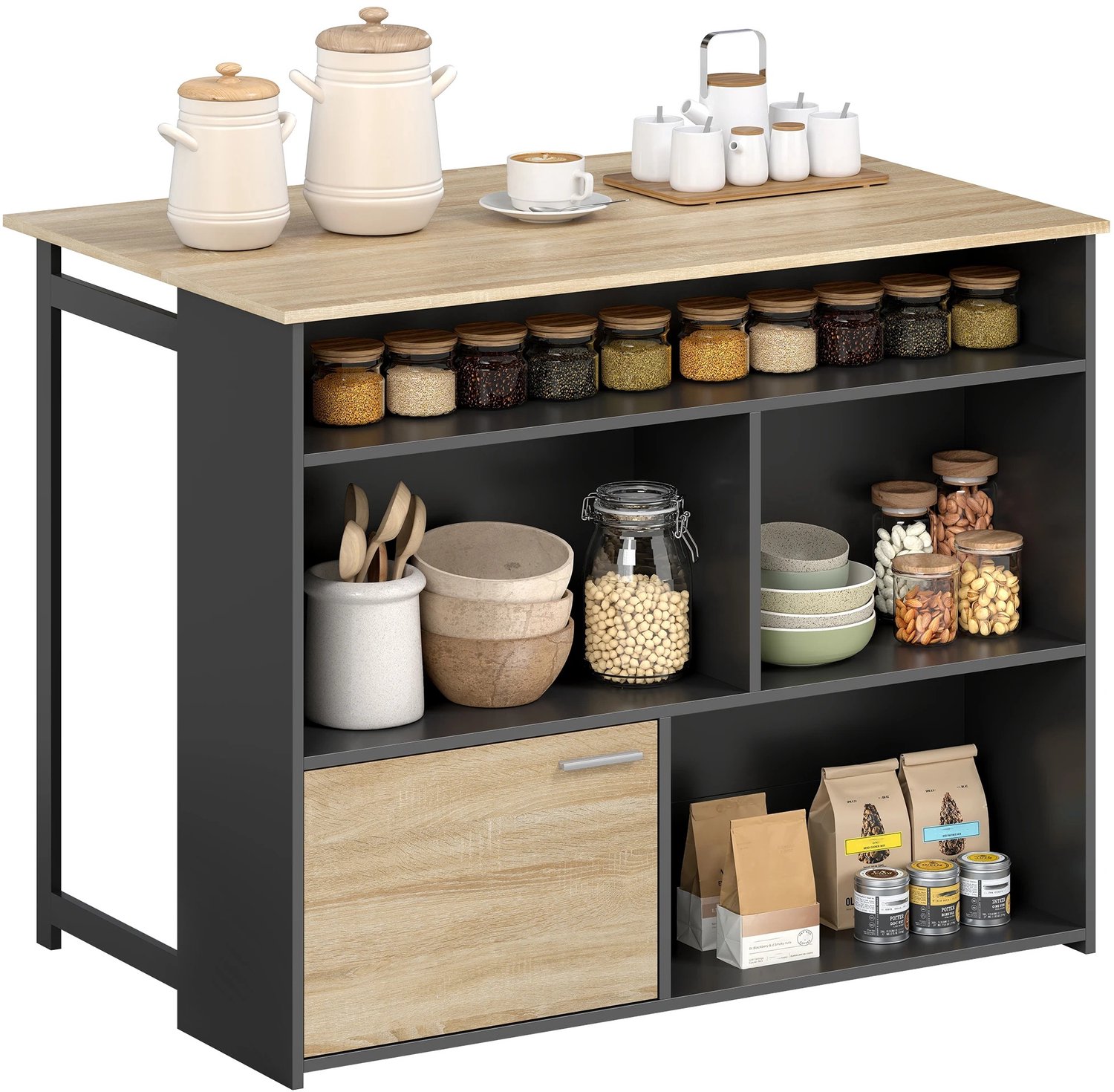 Bresht Uitschuifbare Bartafel - Met Opbergruimte - Inklapbaar - 4 Open Vakken en Kast - Zwart/houtlook - 116 × 30-79,6 × 90,5 cm
