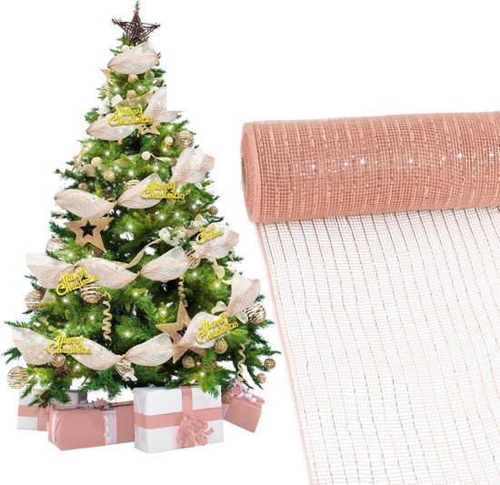 Kerstboom met roze goud gaaslint en 'Merry Christmas' tekst naast een rol gaaslint.
