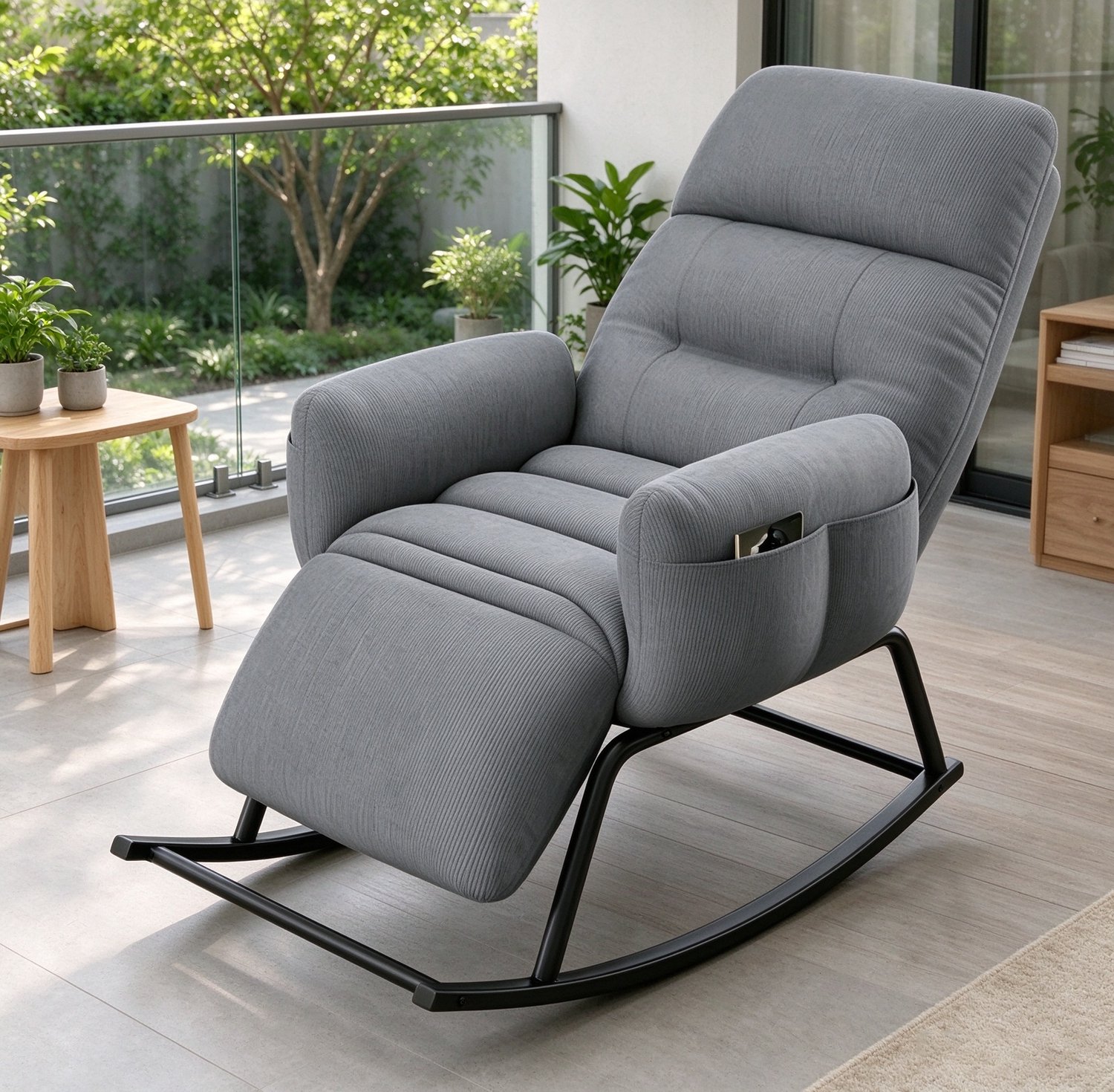 Schommelstoel grijs corduroy, verstelbare rugleuning en voetsteun in 5 standen, geschikt voor lezen, rusten en slapen, aangenaam ontspannen op balkon, terras en in de woonkamer, afmetingen 102*48*115cm