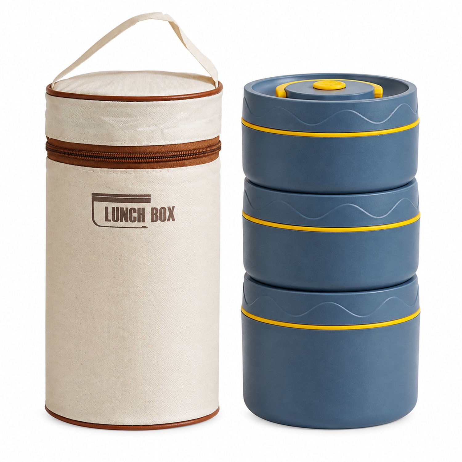 Broodtrommelset van 304-roestvrij staal, 3 ronde lunchbakjes (2 × 440 ml en 1 × 600 ml), met thermische draagtas, blauw