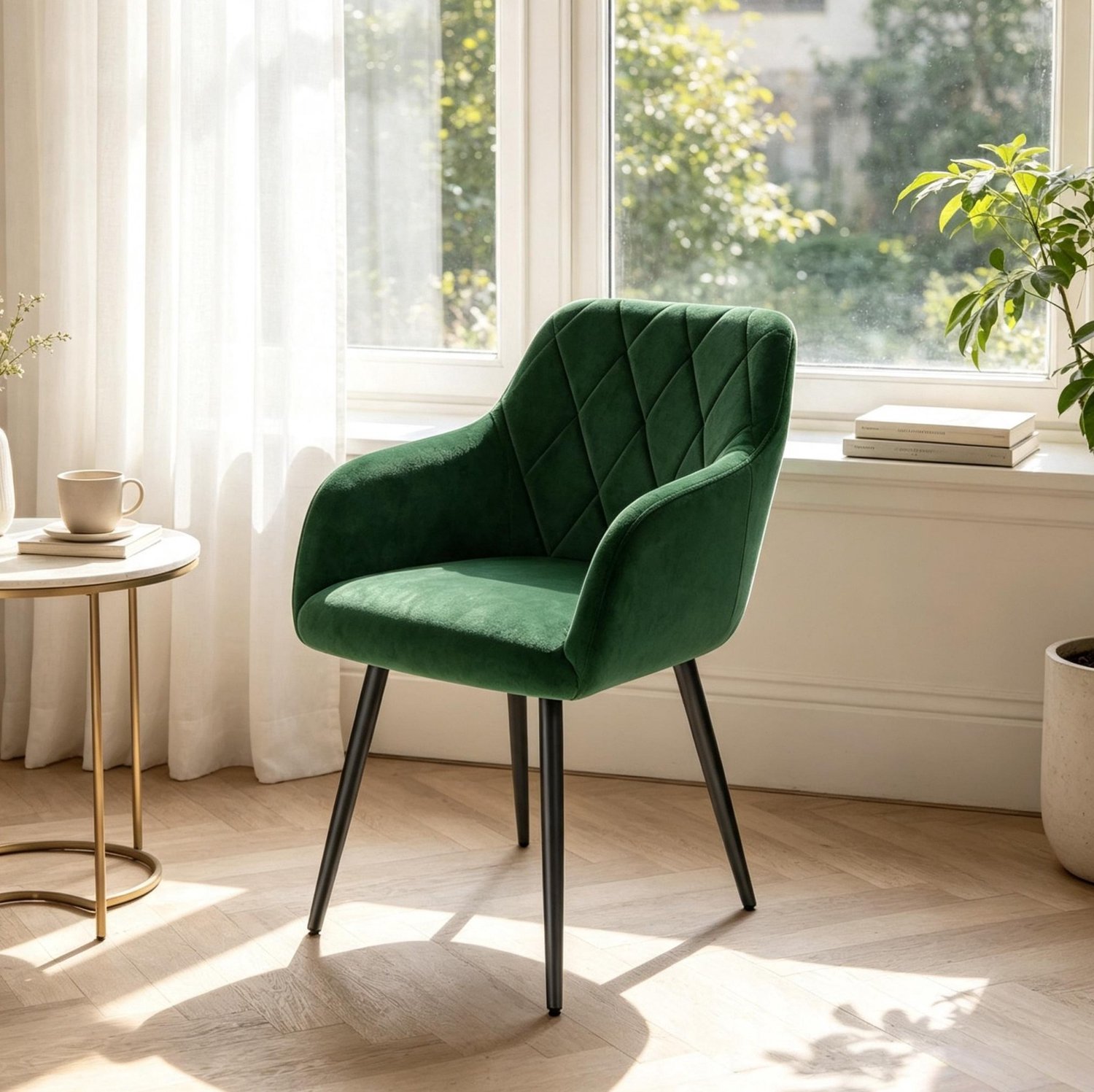 MODFU Eetkamerstoel Met Armleuningen - Gewatteerde Velvet Zitting - Design - Metaal - Donkergroen
