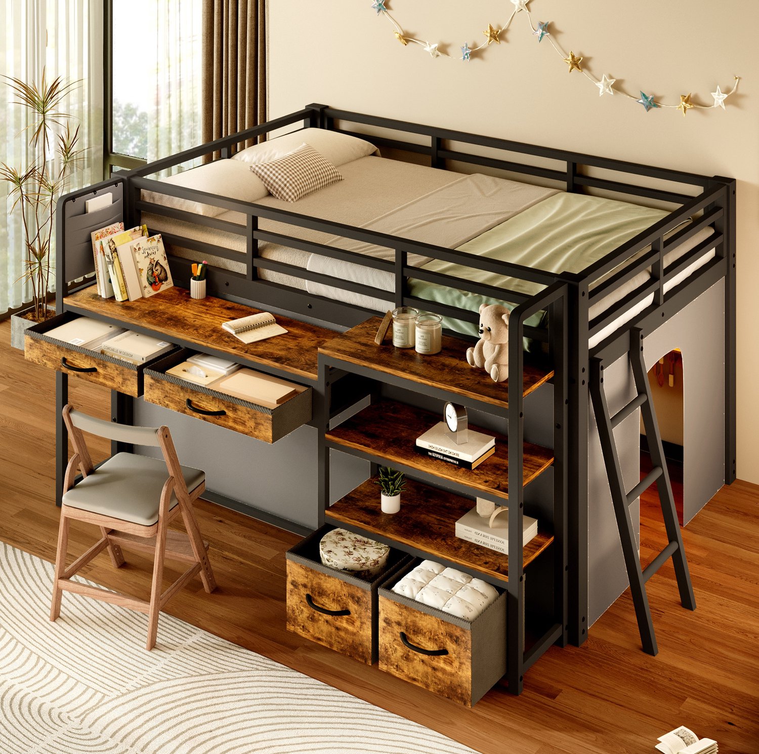 DESMIU Hoogslaper 140 x 200 cm – Bureau, LED-Verlichting En Opbergruimte – Laden En Gordijn – Kinderkamer – Metaal En MDF – Zwart – Zonder Matras