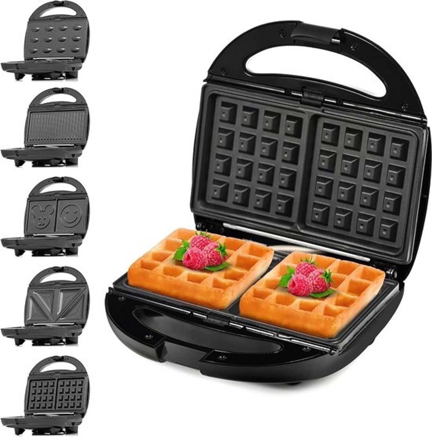 5-in-1 Keukenapparaat - Tosti- en Wafelijzer - Snacks Bereiden - Vijf Verwisselbare Platen - 800 Watt - Zwart Zilver