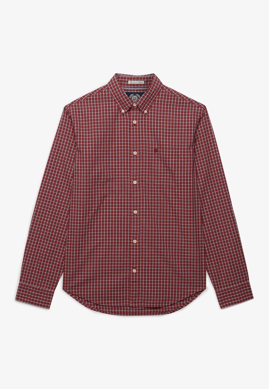 Rood en blauw geruit overhemd met lange mouwen, knoopsluiting en 'Laundered Wash' label in de kraag.