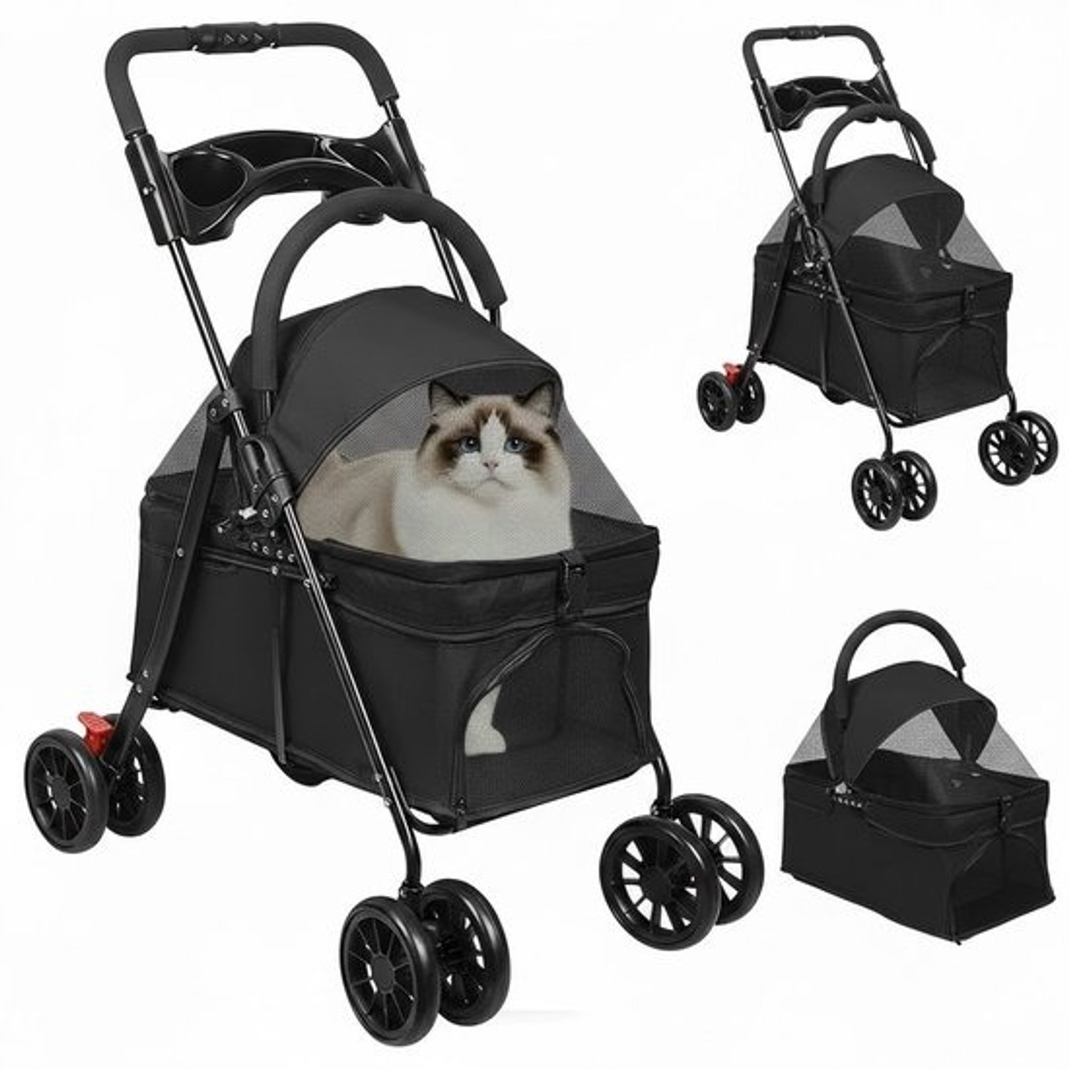 Zwarte 3-in-1 honden- en kattenwagen - Opvouwbaar - All-terrain met rem, verstelbaar handvat en zitkussen