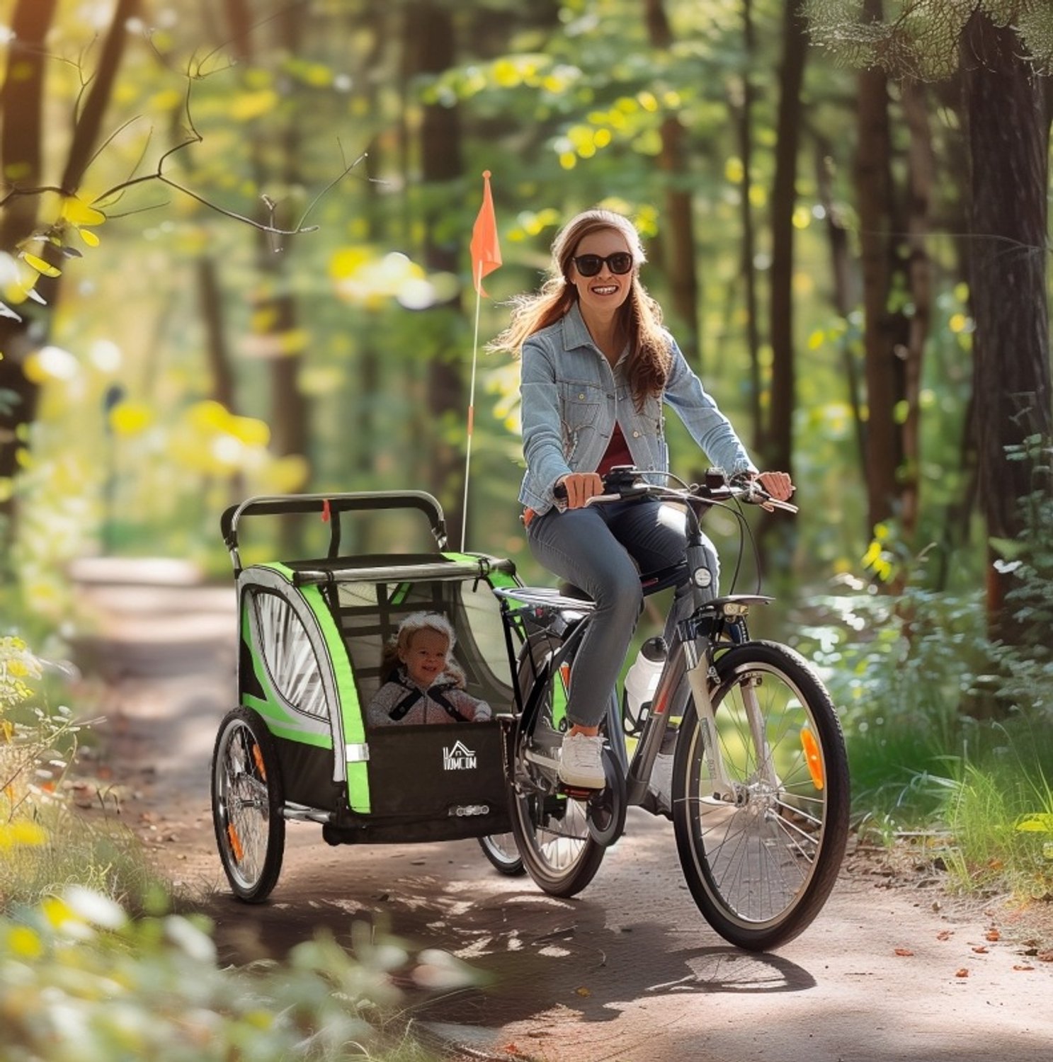 MIVRAY Kinderfietskar – 2-in-1 Met Duwfunctie – 142 x 75 x 101 cm – Polyester – Groen – Voor 2 Kinderen Met Remmen