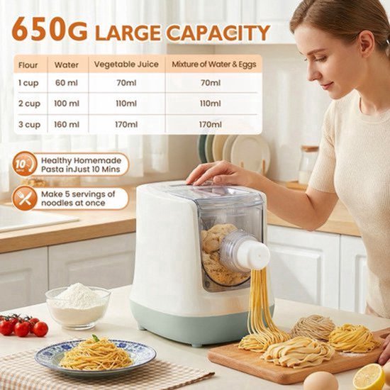Elektrische Pastamachine Volledig Automatisch - 250 W Vermogen - 650 g Capaciteit - Wit - Voor Verse Pasta En Noedels — afbeelding 3